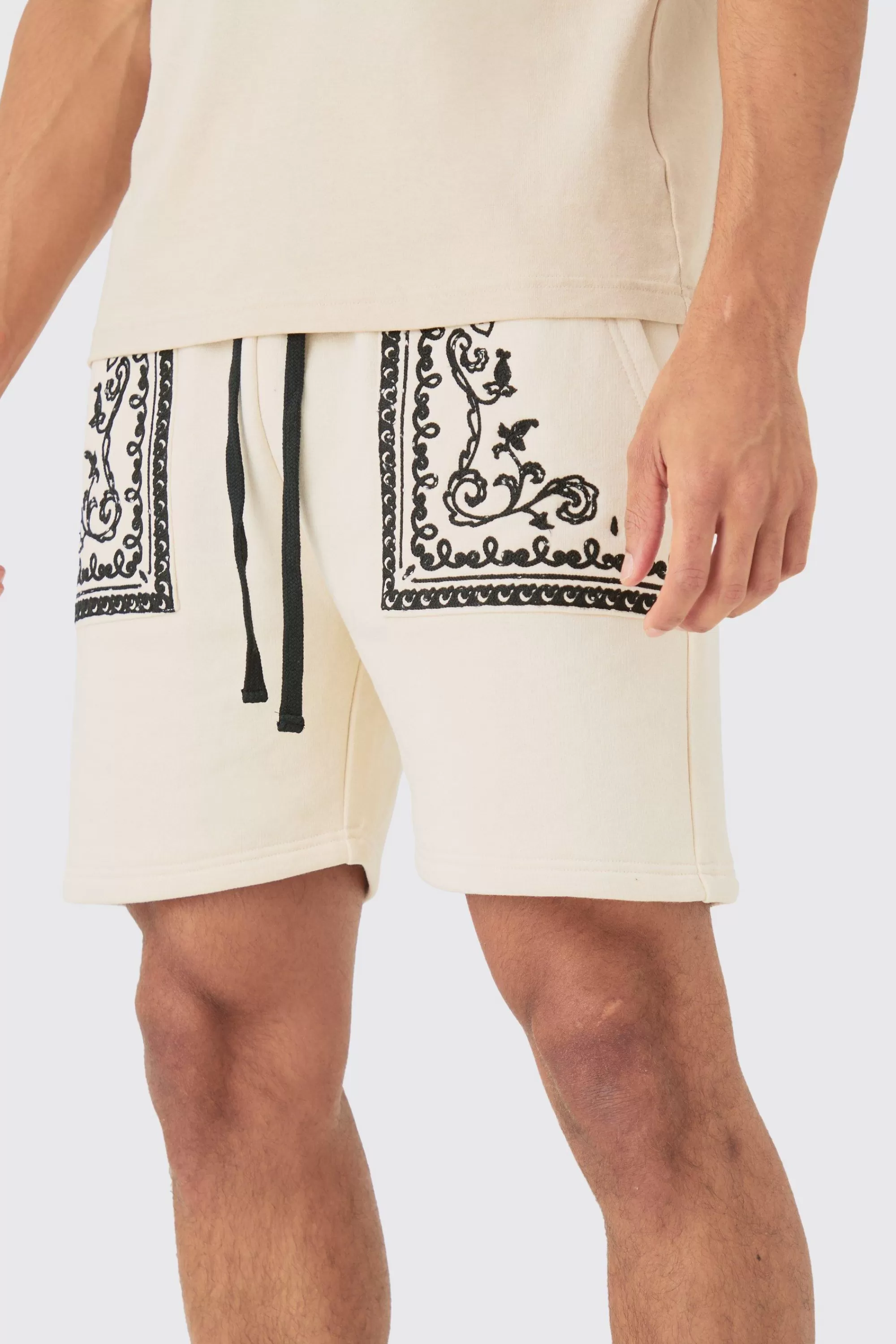 boohooMAN Loose Fit Short Length Baroque Embroidered Shorts | UK