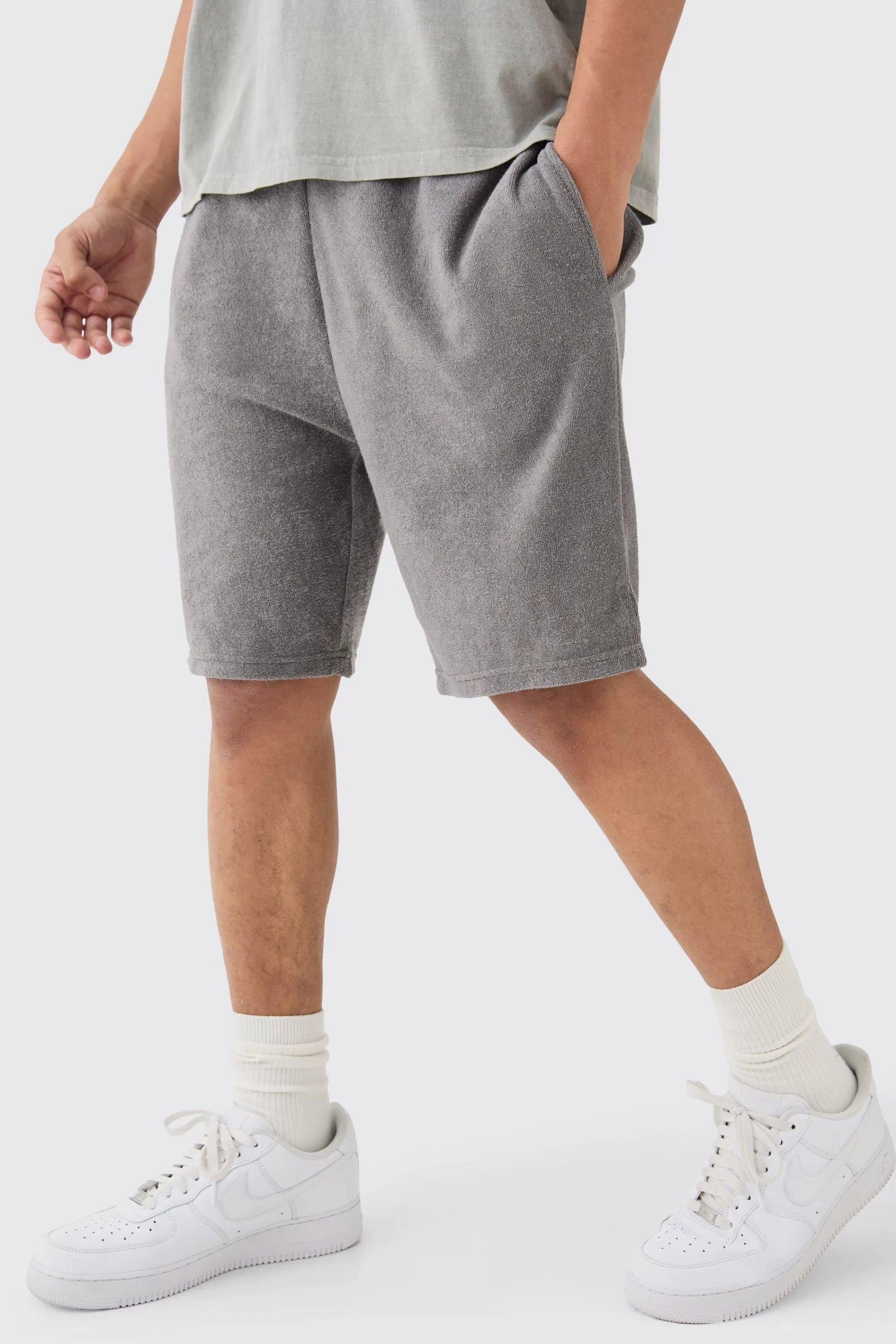 boohooMAN Loose Fit Split Hem Towelling Short | UK
