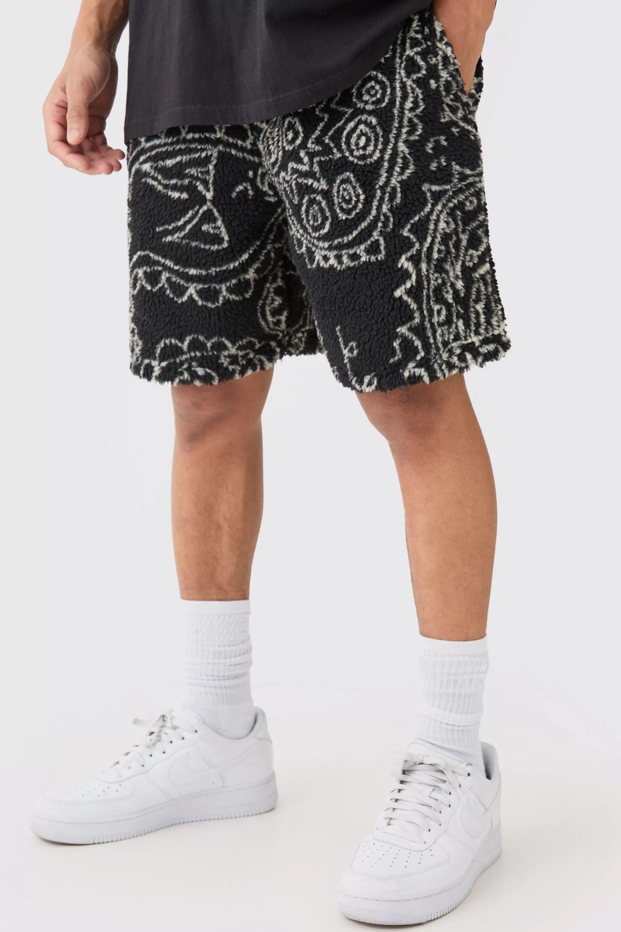 boohooMAN Loose Mid Length Bandana Borg Shorts | UK