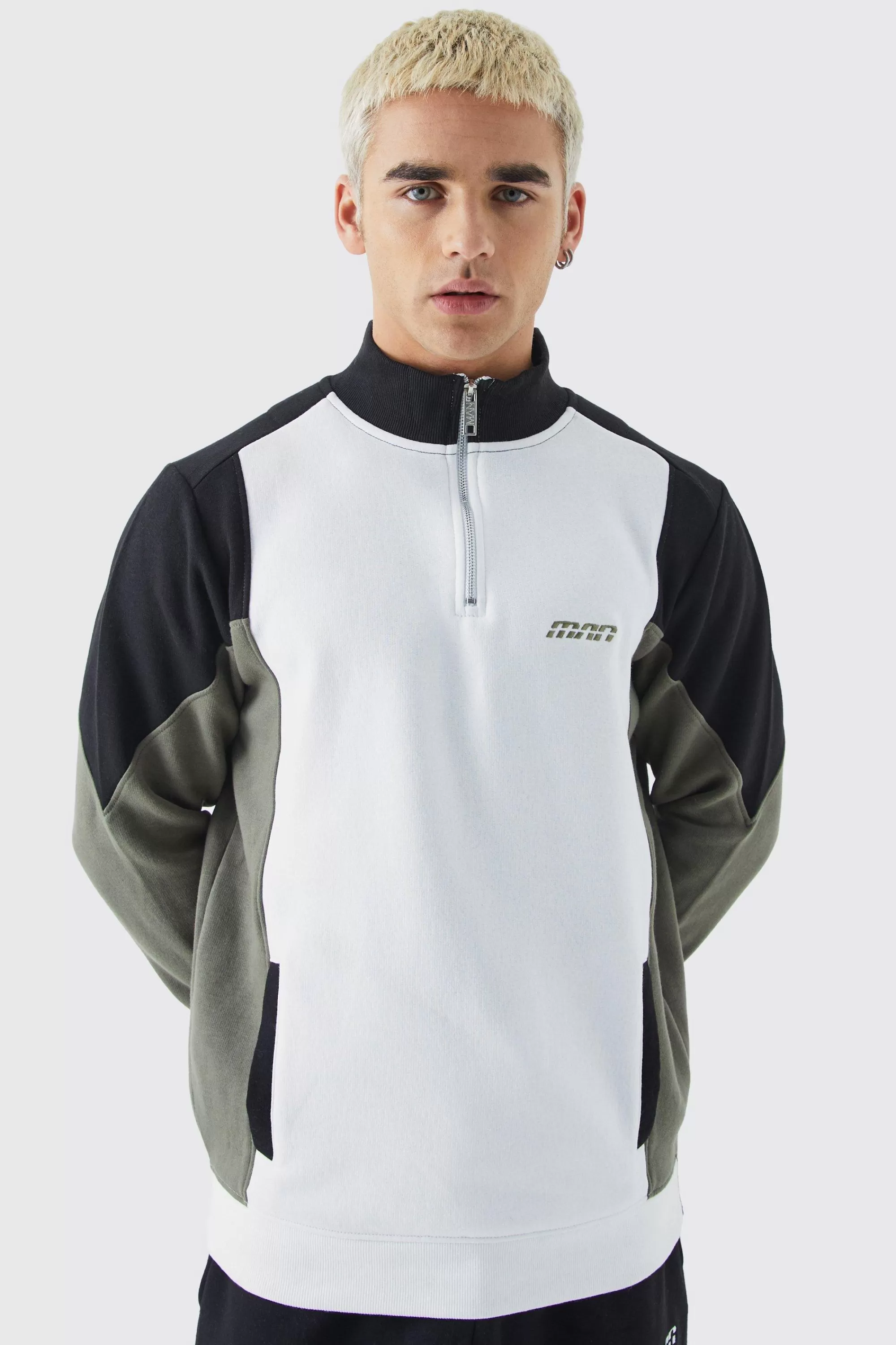 boohooMAN Man 1/4 Zip Funnel Neck Colour Block Sweatshirt | UK