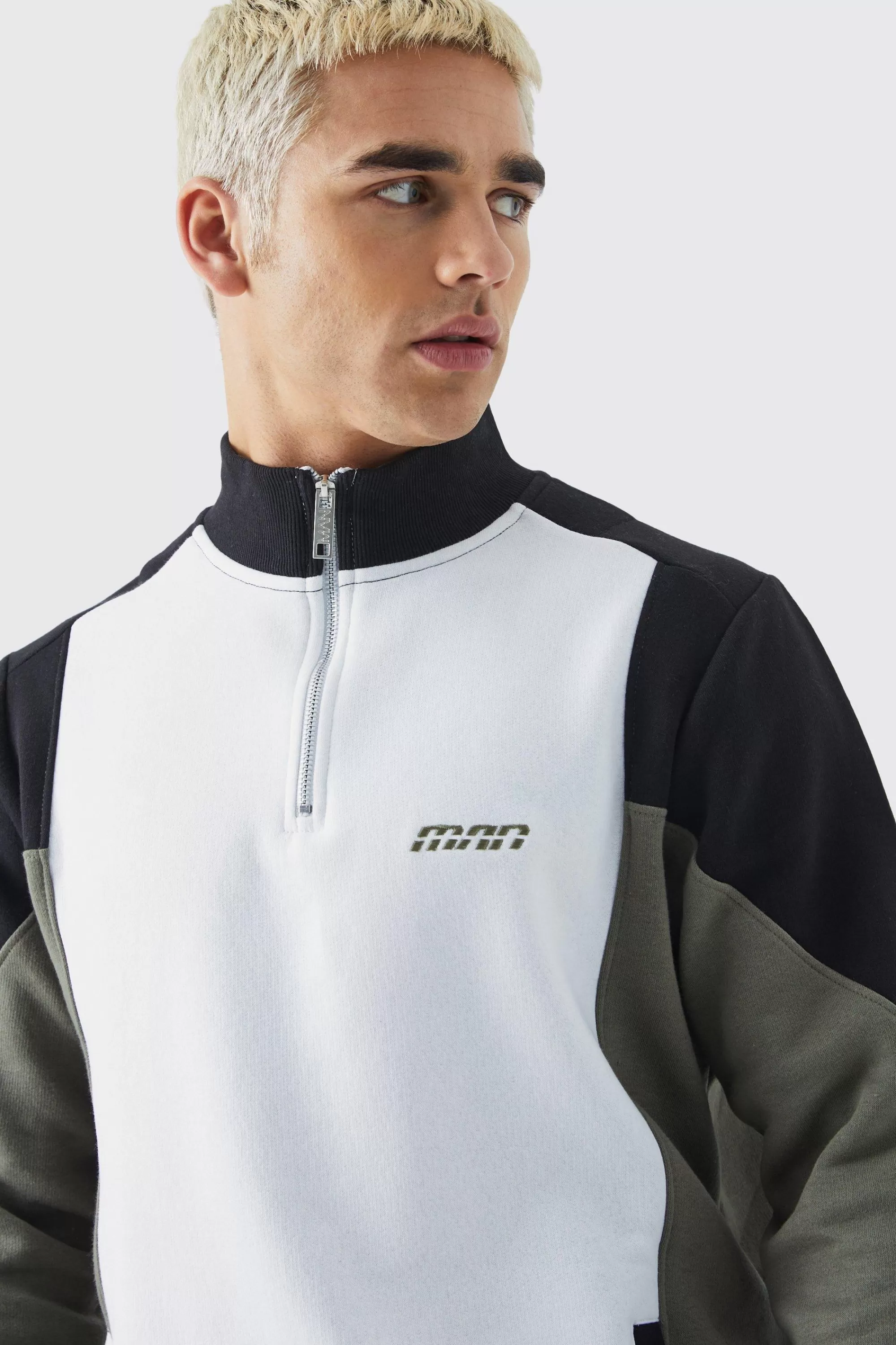 boohooMAN Man 1/4 Zip Funnel Neck Colour Block Sweatshirt | UK