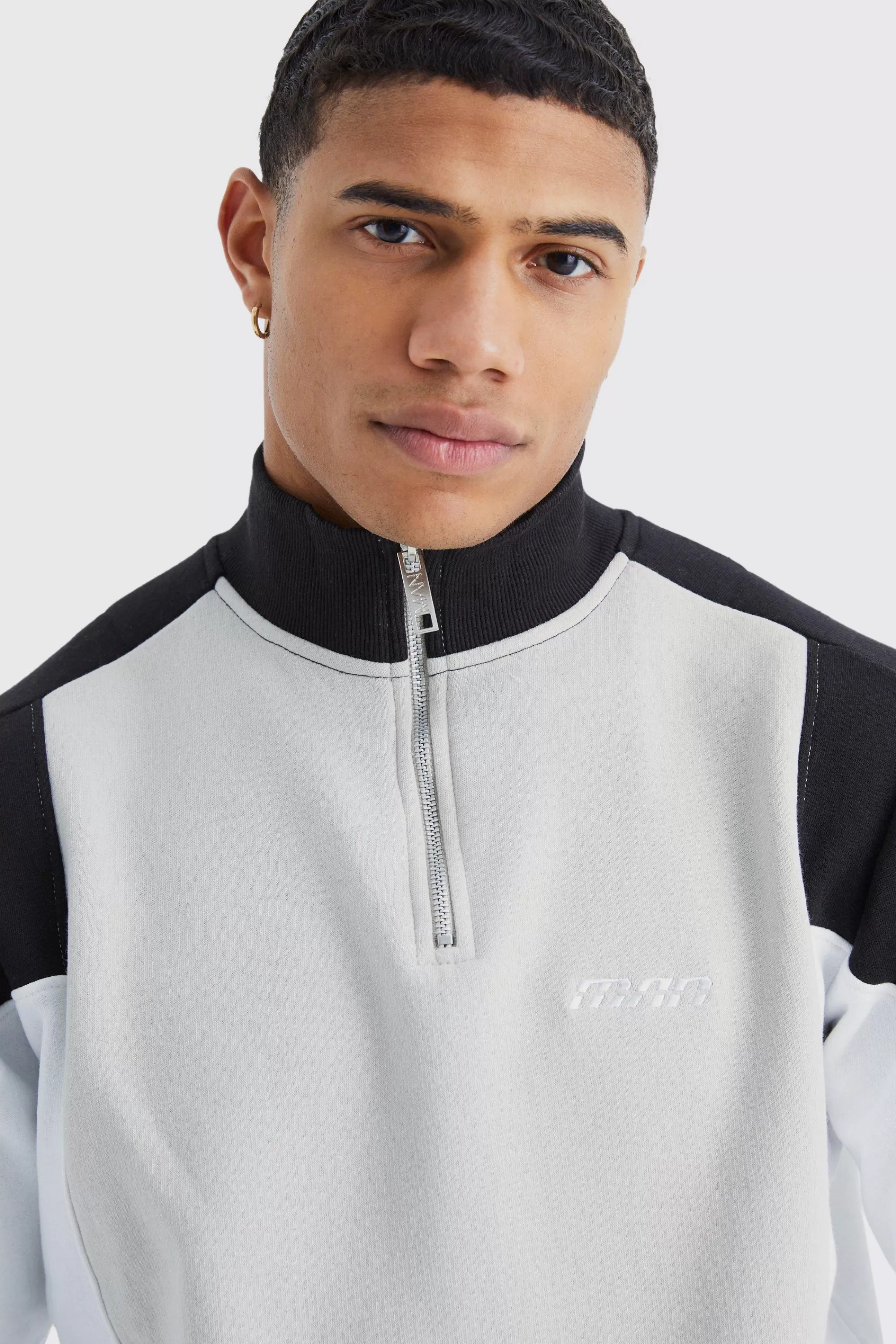 boohooMAN Man 1/4 Zip Funnel Neck Colour Block Sweatshirt | UK