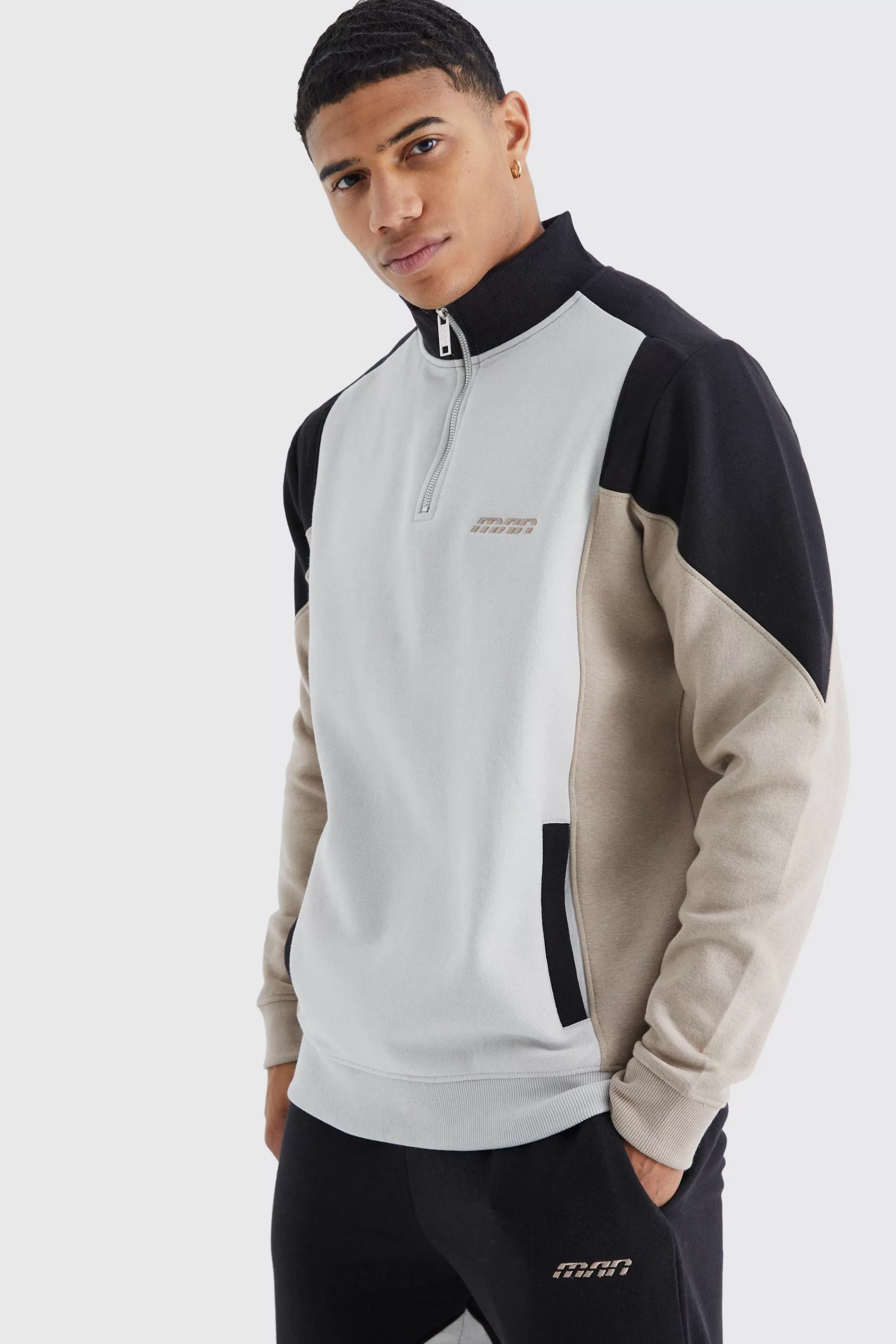 boohooMAN Man 1/4 Zip Funnel Neck Colour Block Tracksuit | UK