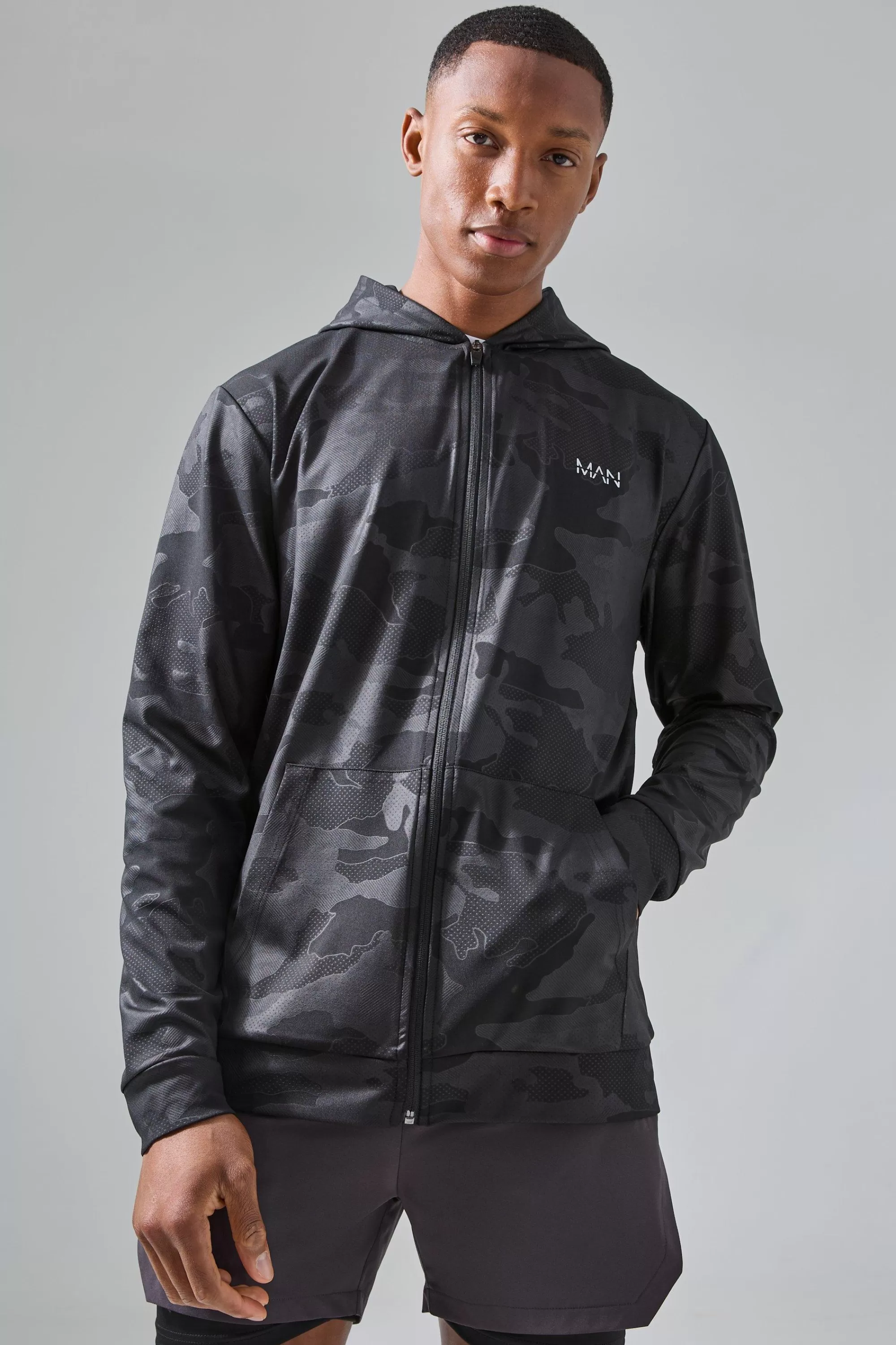 boohooMAN Man Active Camo Performance Regular Fit Zip Through Hoodie | UK