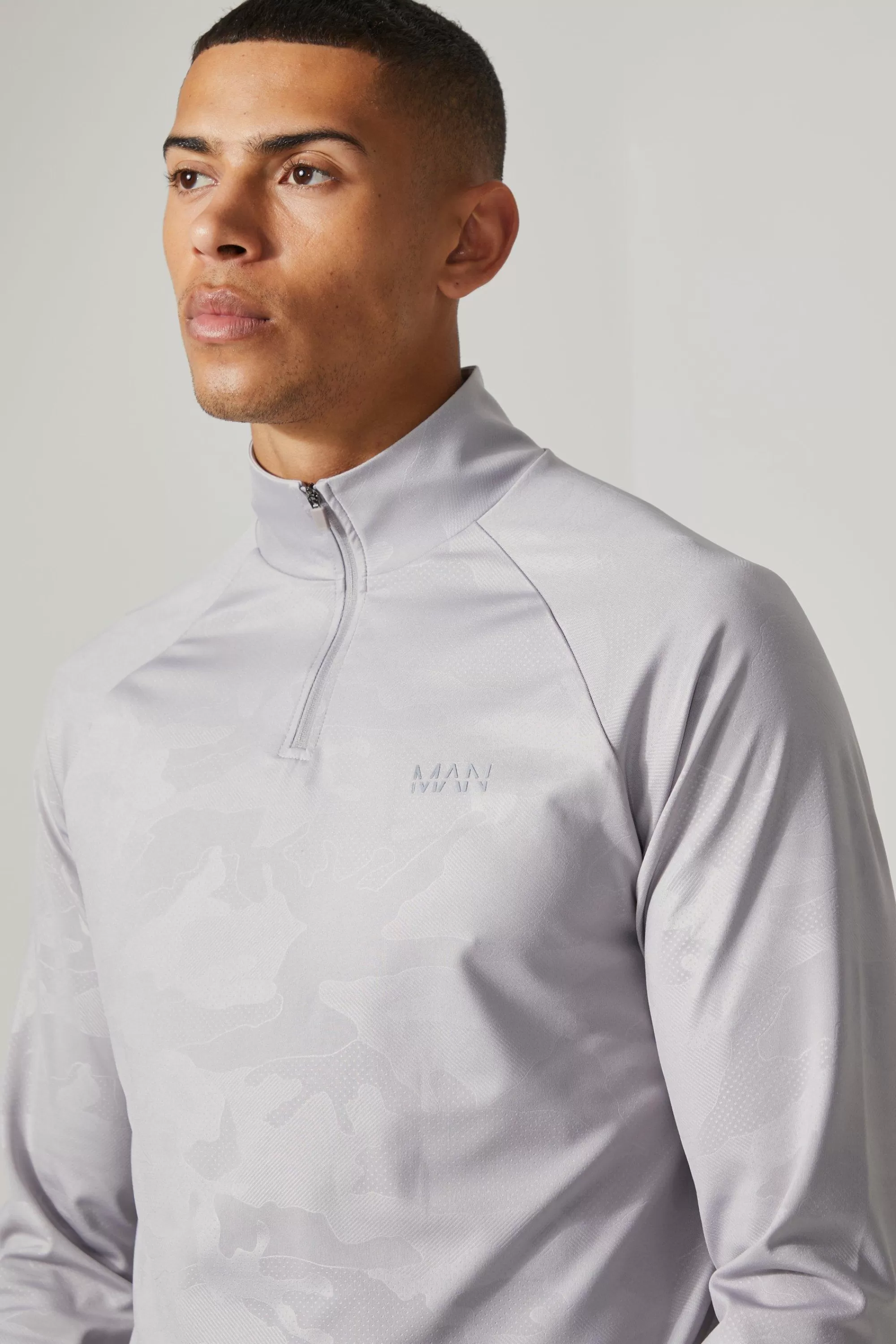 boohooMAN Man Active Camo Print Regular Fit 1/4 Zip Top | UK