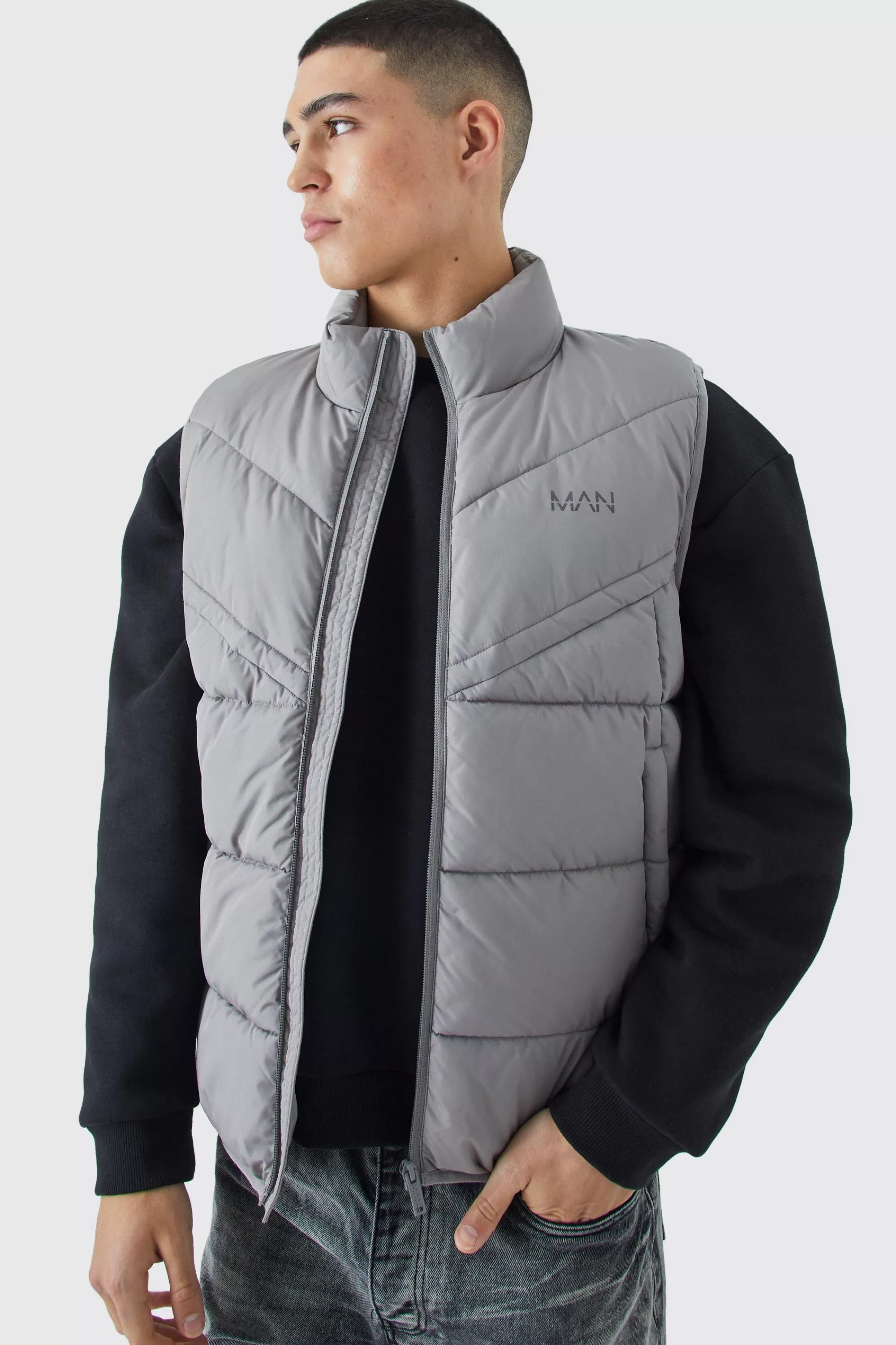 boohooMAN Man Dash Quilted Funnel Neck Gilet | UK