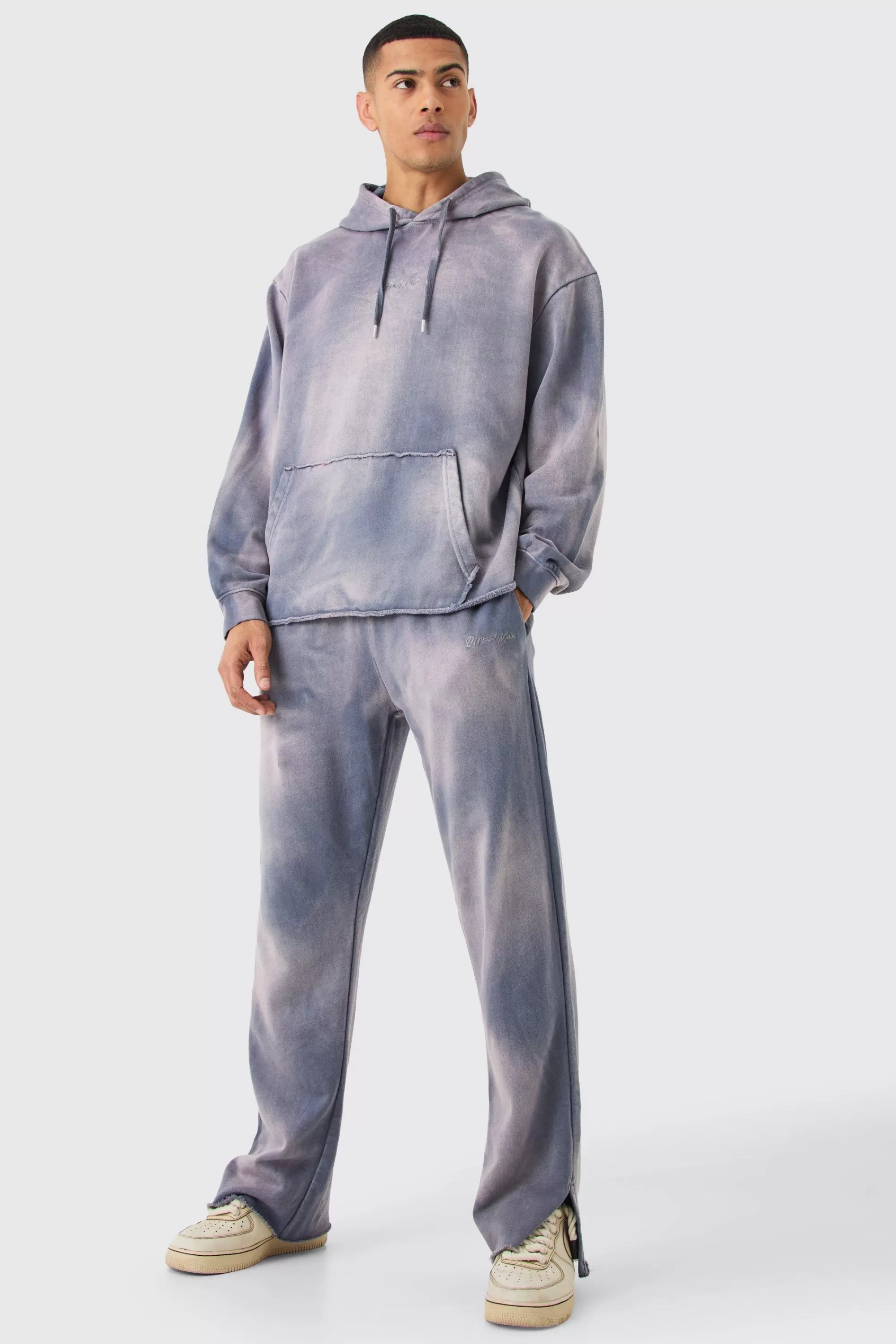 boohooMAN Man Embroidery Oversized Sun Bleached Wash Hooded Tracksuit | UK
