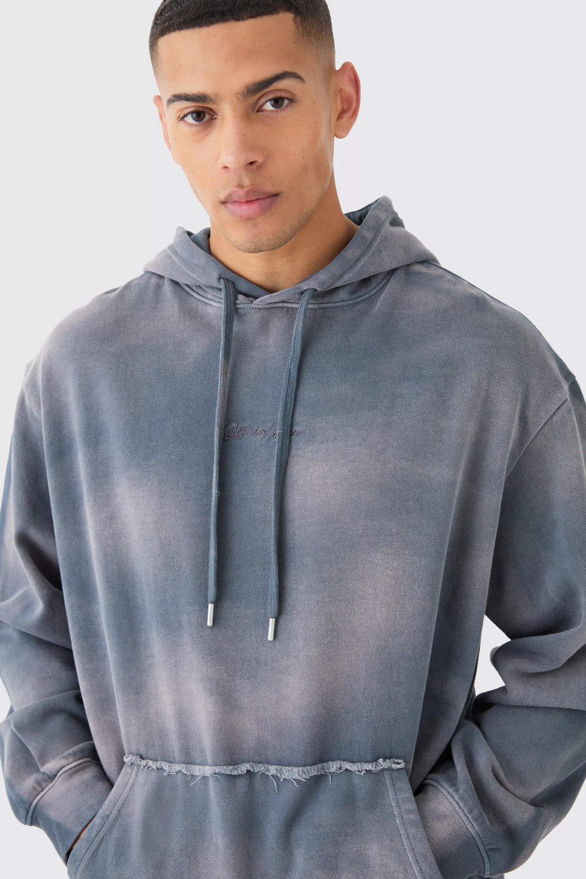 boohooMAN Man Embroidery Oversized Sun Bleached Wash Hoodie | UK
