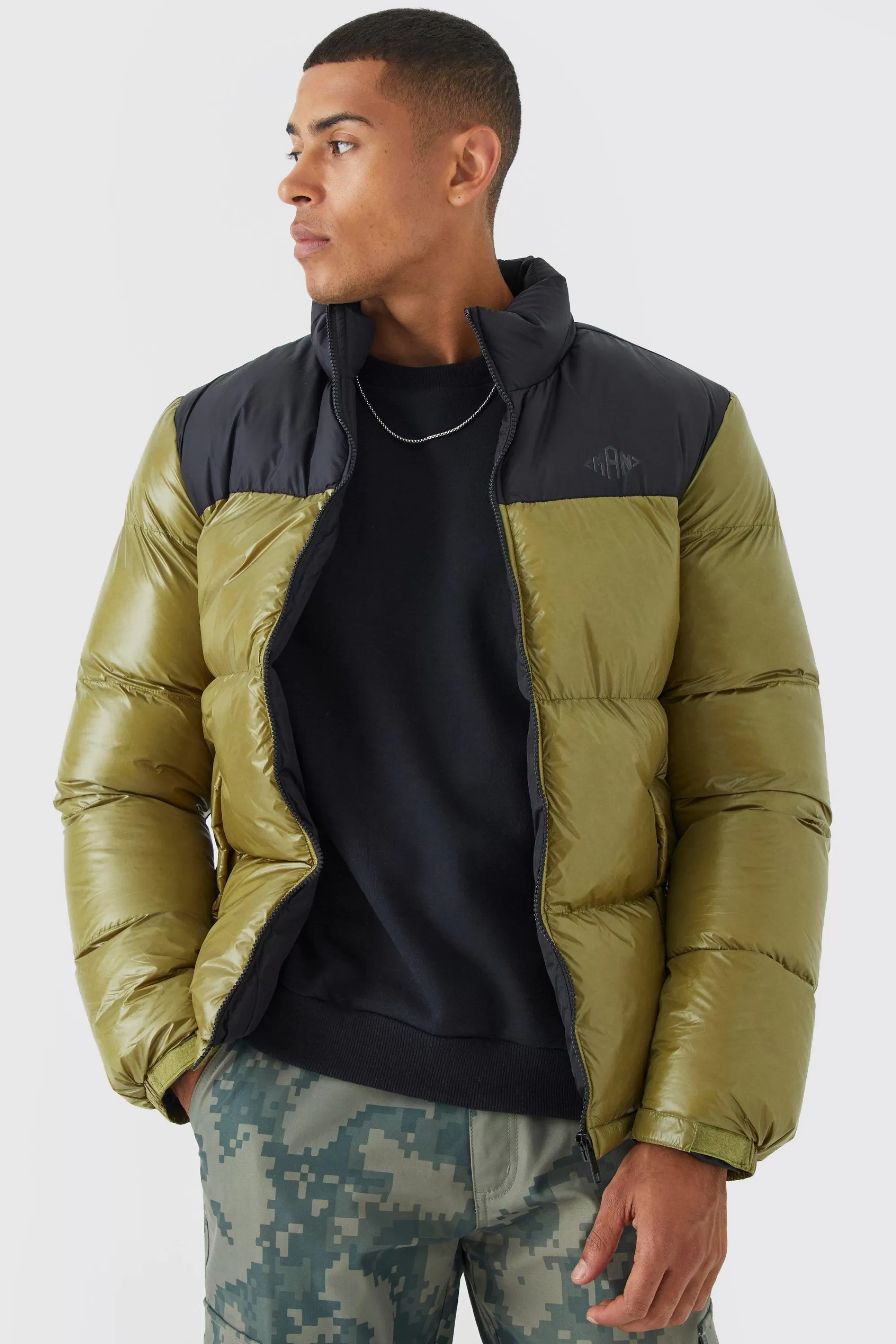 boohooMAN Man High Shine Colour Block Puffer | UK