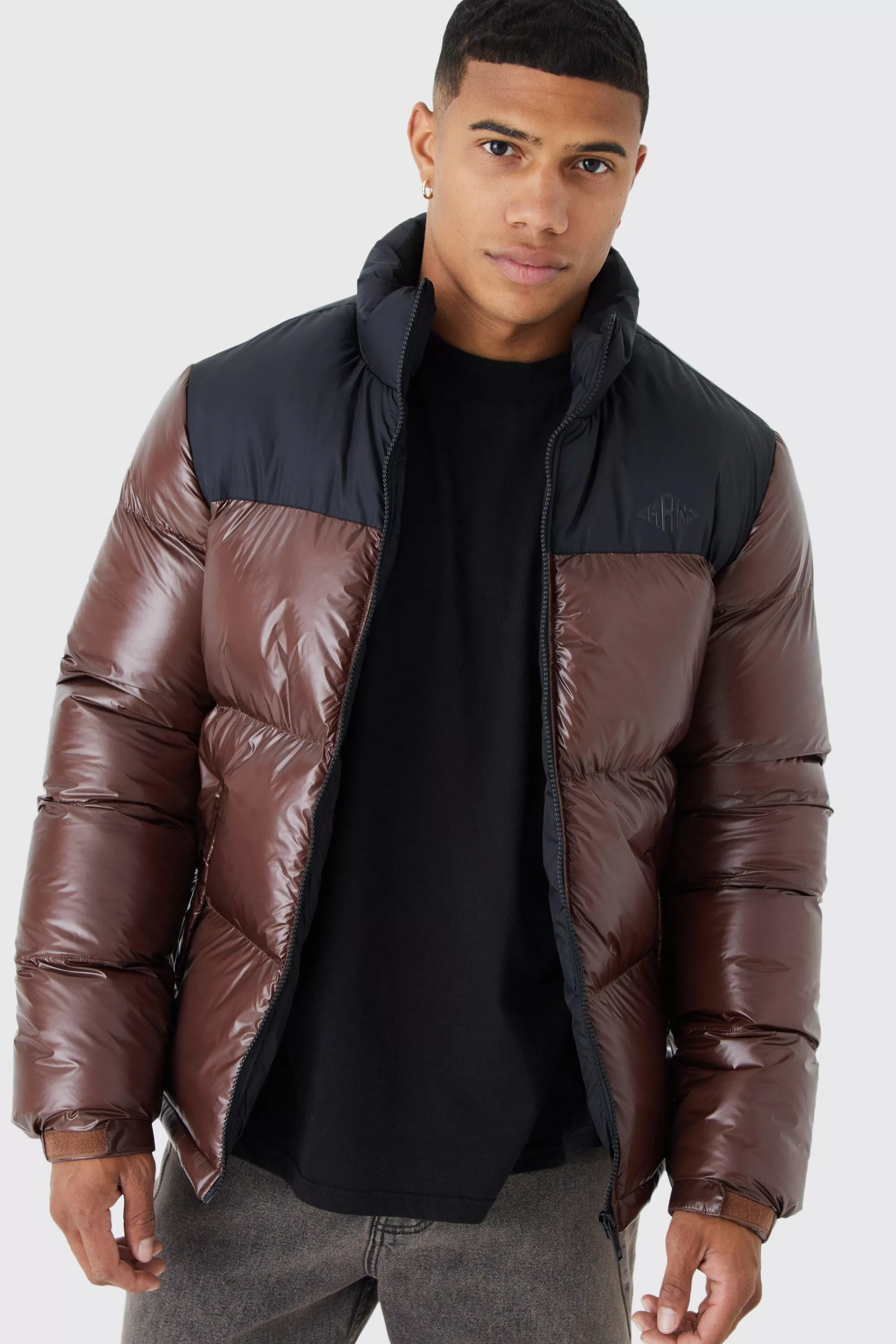 boohooMAN Man High Shine Colour Block Puffer | UK