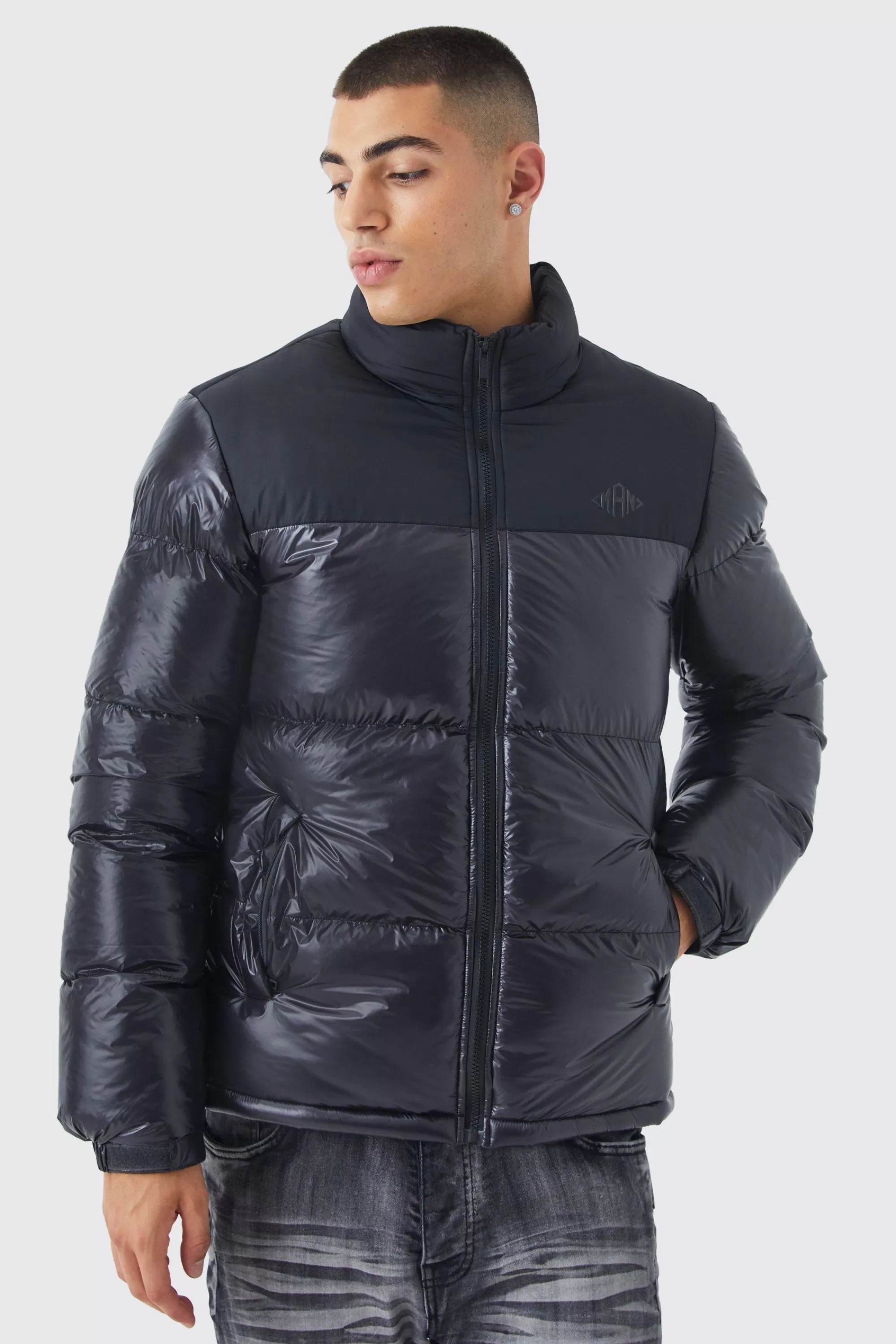 boohooMAN Man High Shine Colour Block Puffer | UK