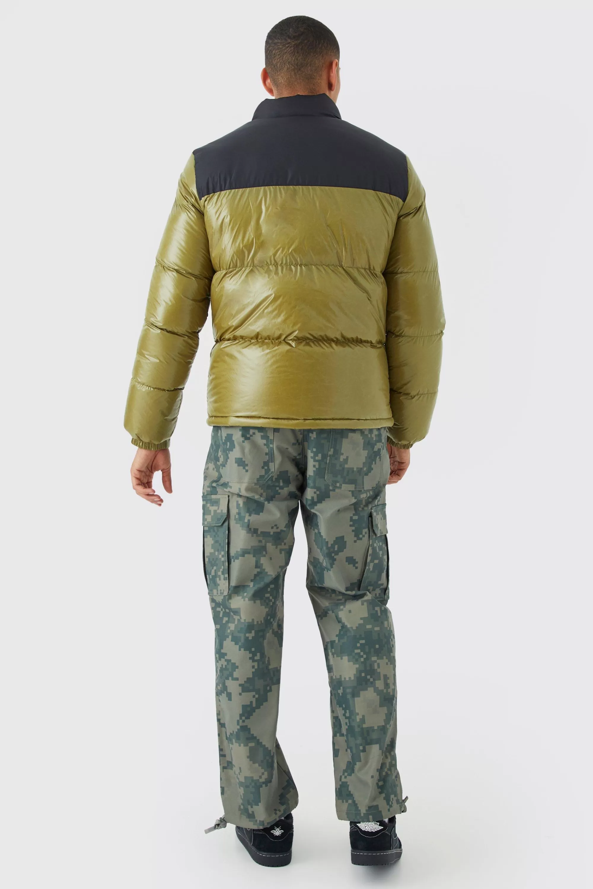 boohooMAN Man High Shine Colour Block Puffer | UK