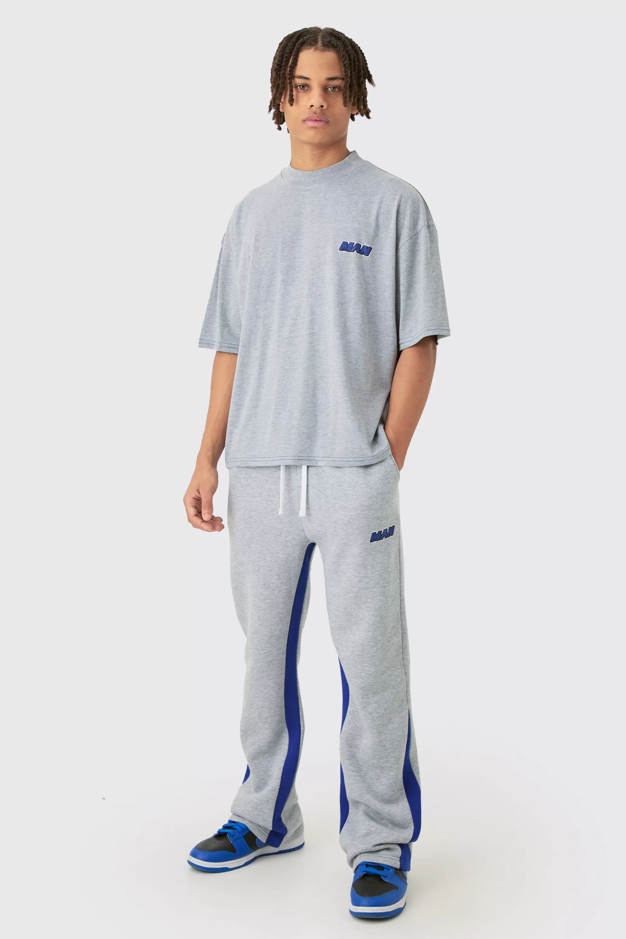 boohooMAN Man Oversized Boxy Contrast Stitch T-shirt Gusset Jogger Set | UK