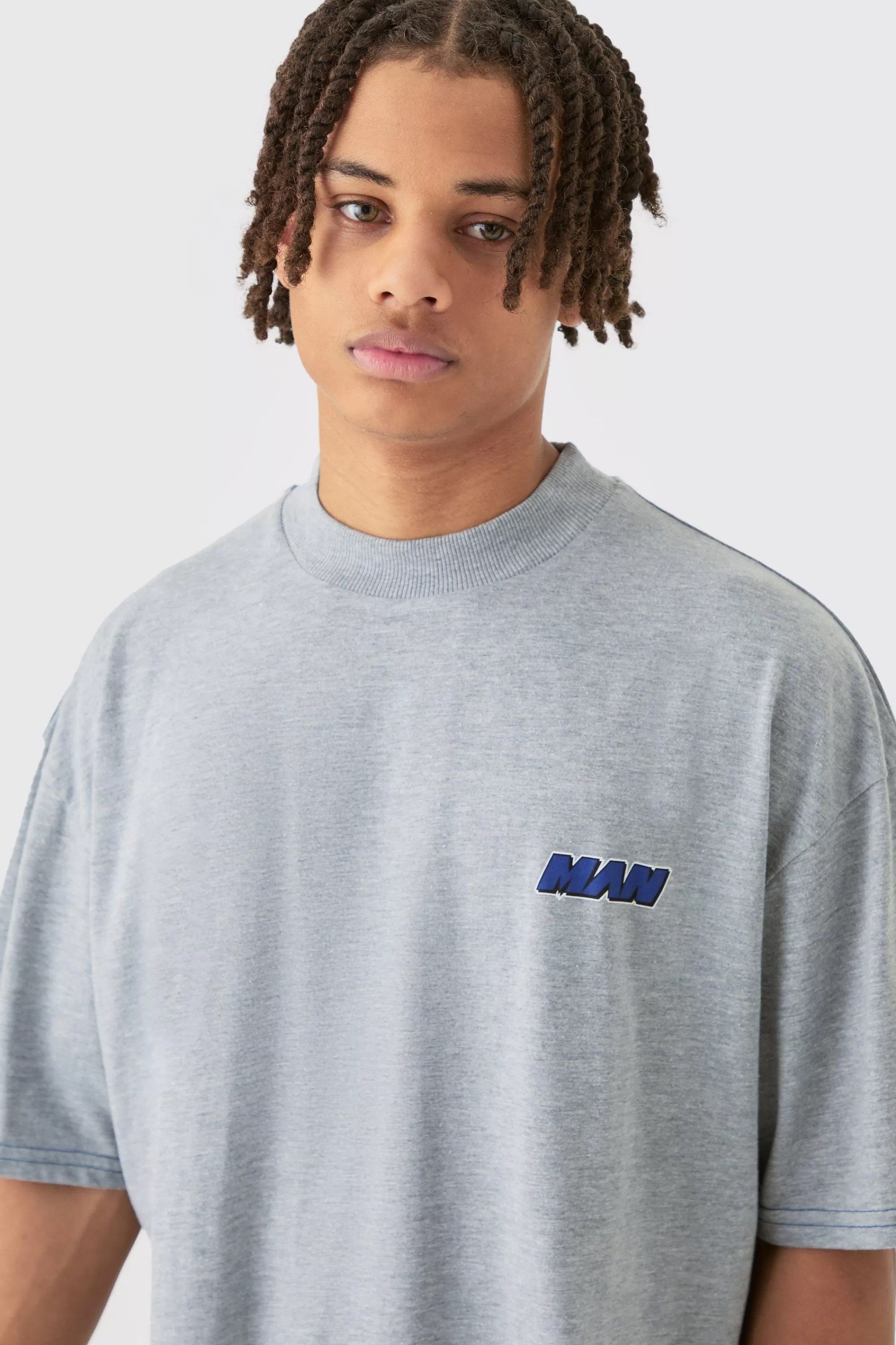 boohooMAN Man Oversized Boxy Contrast Stitch T-shirt Gusset Jogger Set | UK