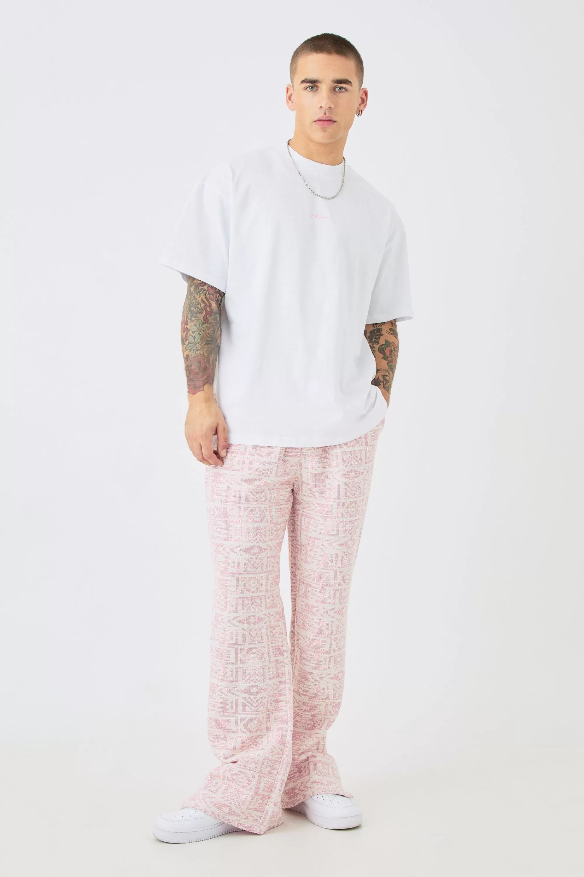 boohooMAN Man Oversized Extended Neck T-shirt & Jacquard Jogger Set | UK