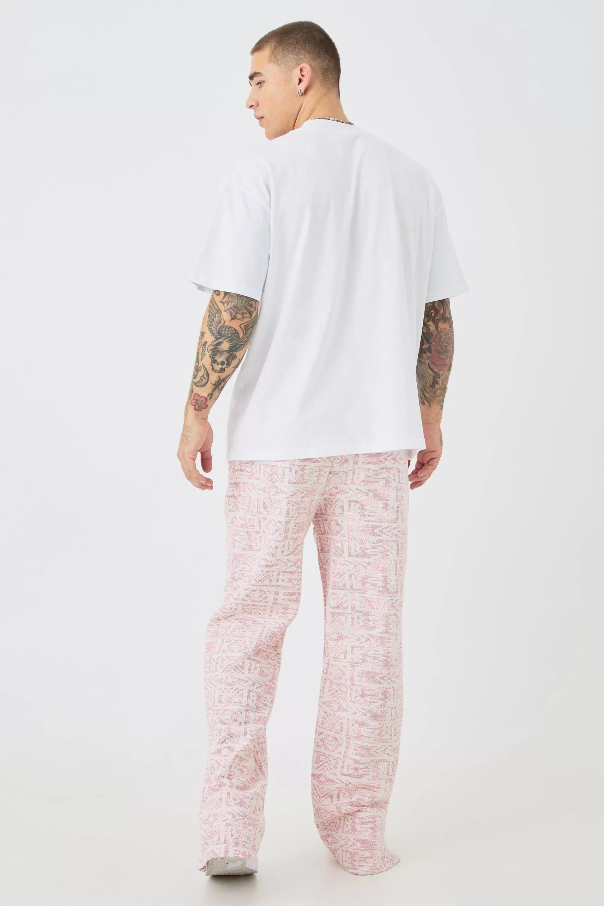boohooMAN Man Oversized Extended Neck T-shirt & Jacquard Jogger Set | UK