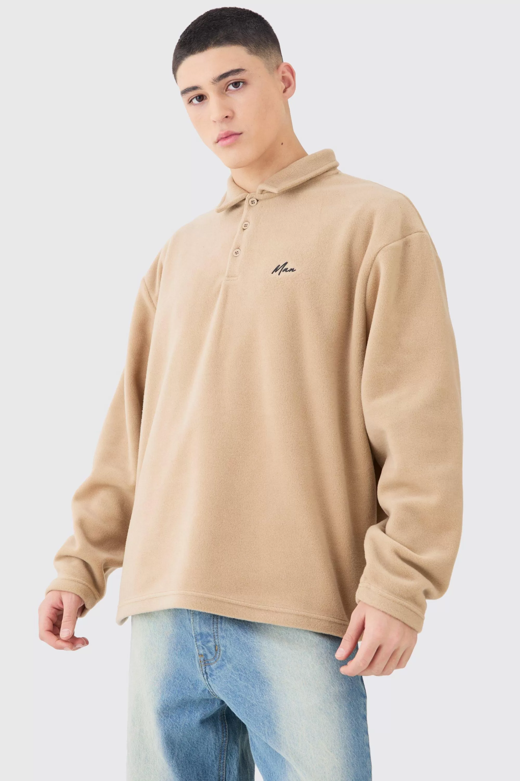 boohooMAN Man Oversized Fleece Rugby Polo | UK