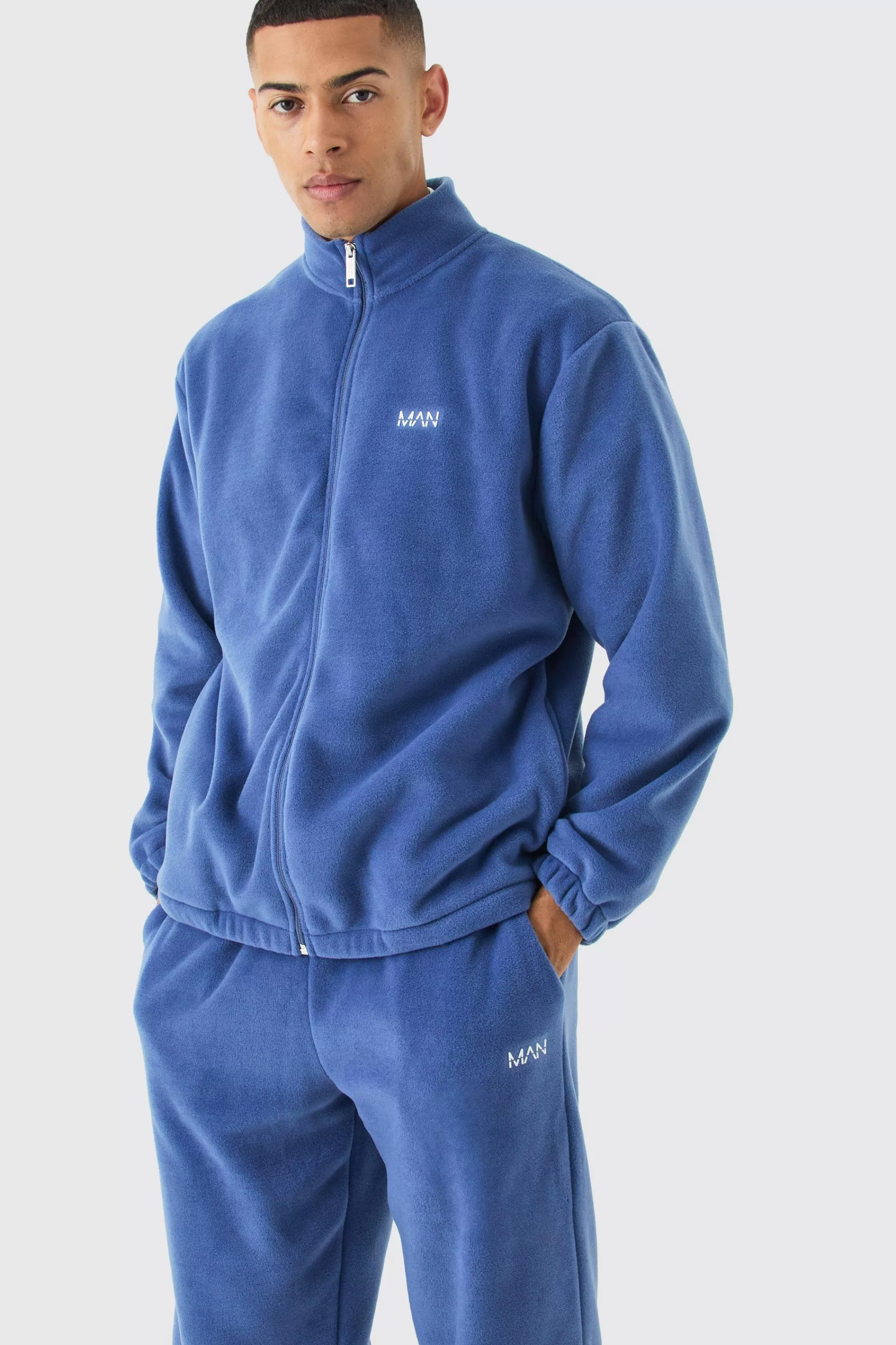 boohooMAN Man Oversized Zip Through Funnel Neck Fleece Tracksuit | UK