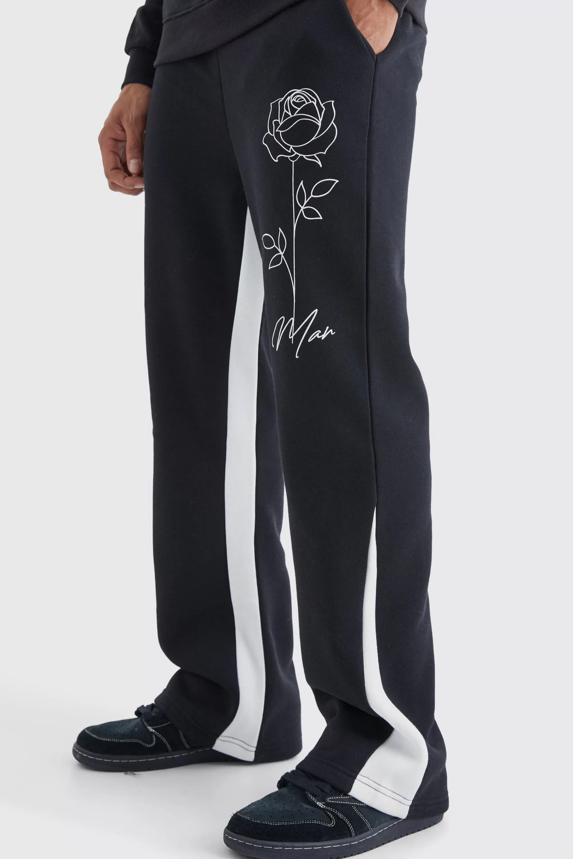 boohooMAN Man Rose Print Gusset Joggers | UK