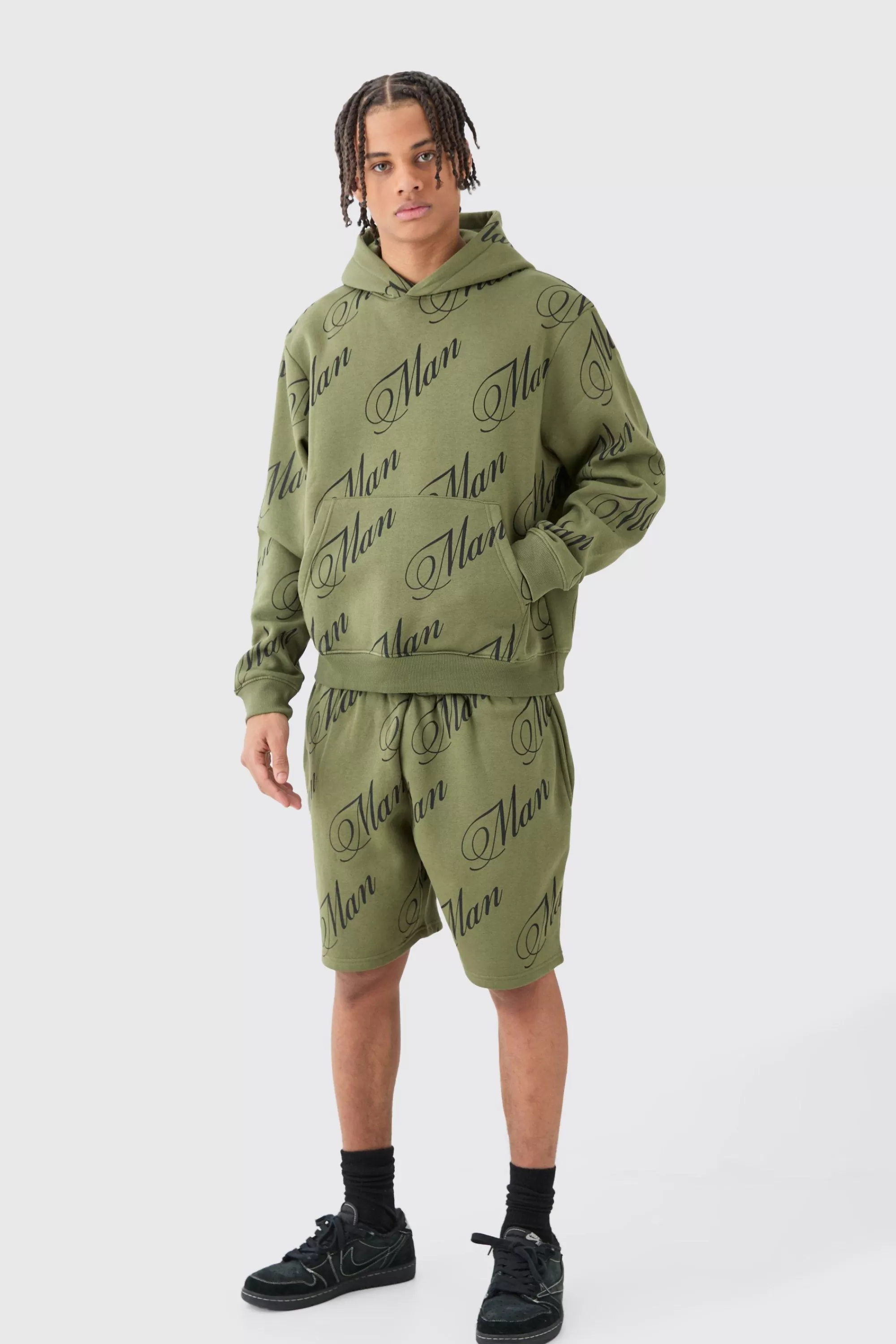 boohooMAN Man Script All Over Print Boxy Hooded Short Tracksuit | UK