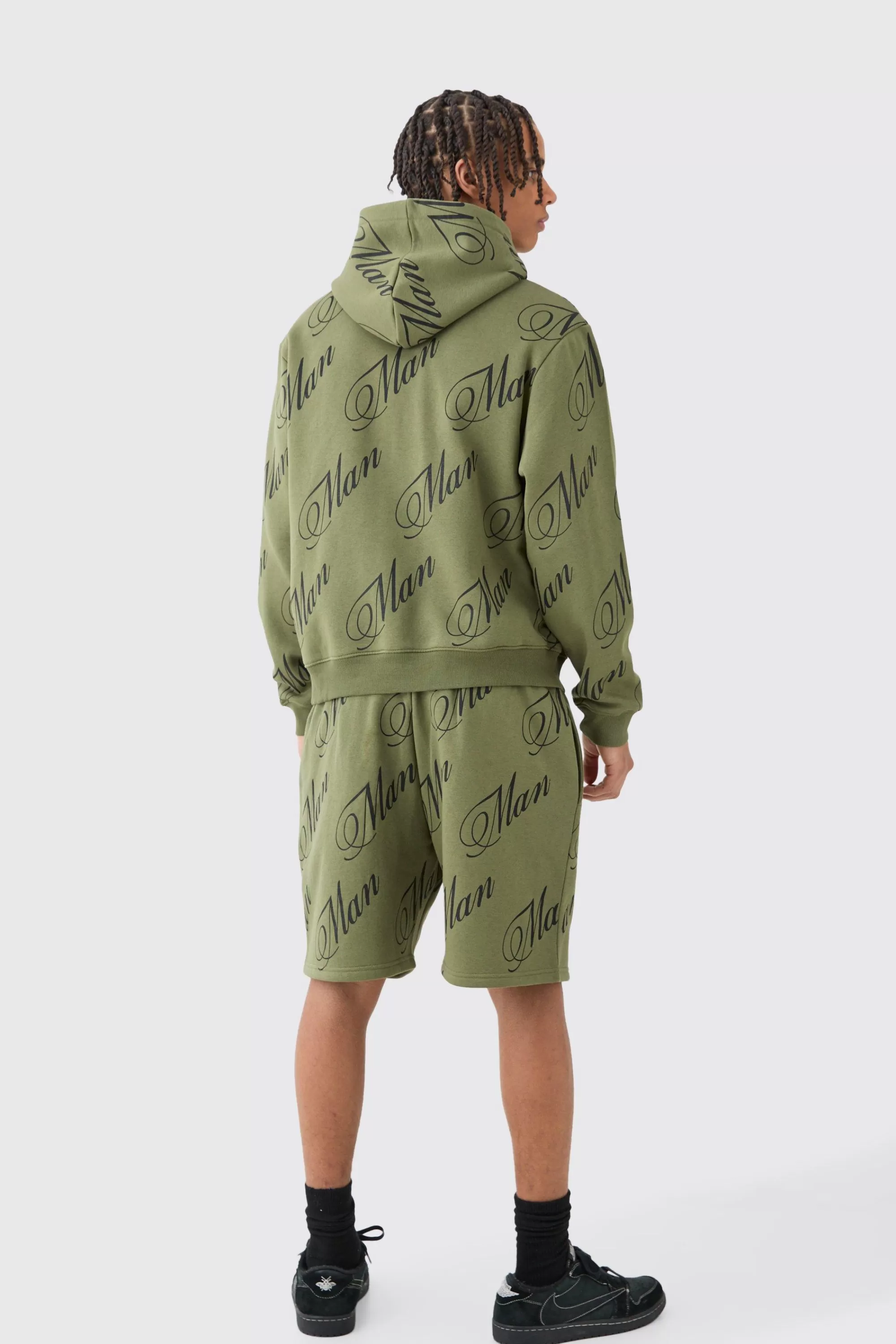 boohooMAN Man Script All Over Print Boxy Hooded Short Tracksuit | UK