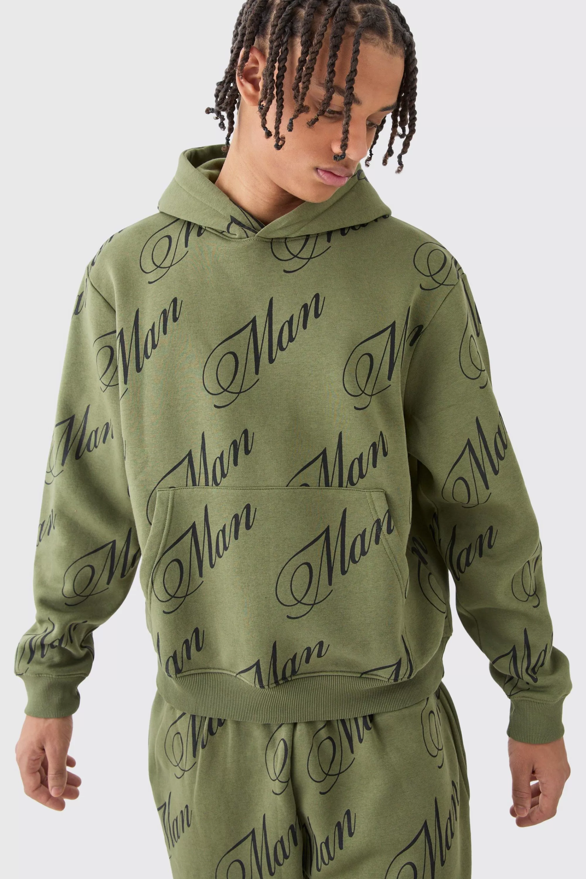 boohooMAN Man Script All Over Print Boxy Hooded Short Tracksuit | UK