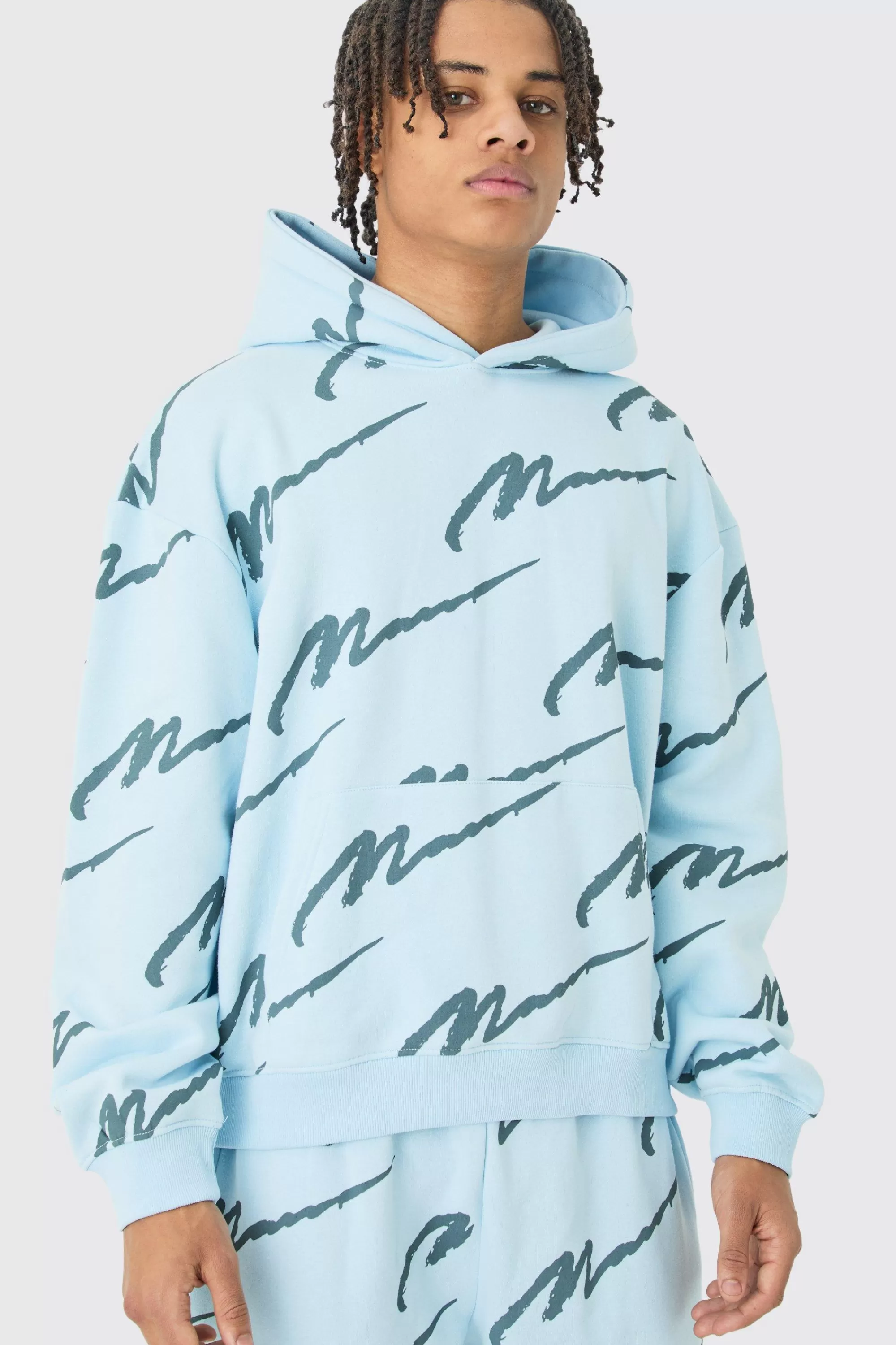 boohooMAN Man Signature All Over Print Boxy Hooded Tracksuit | UK