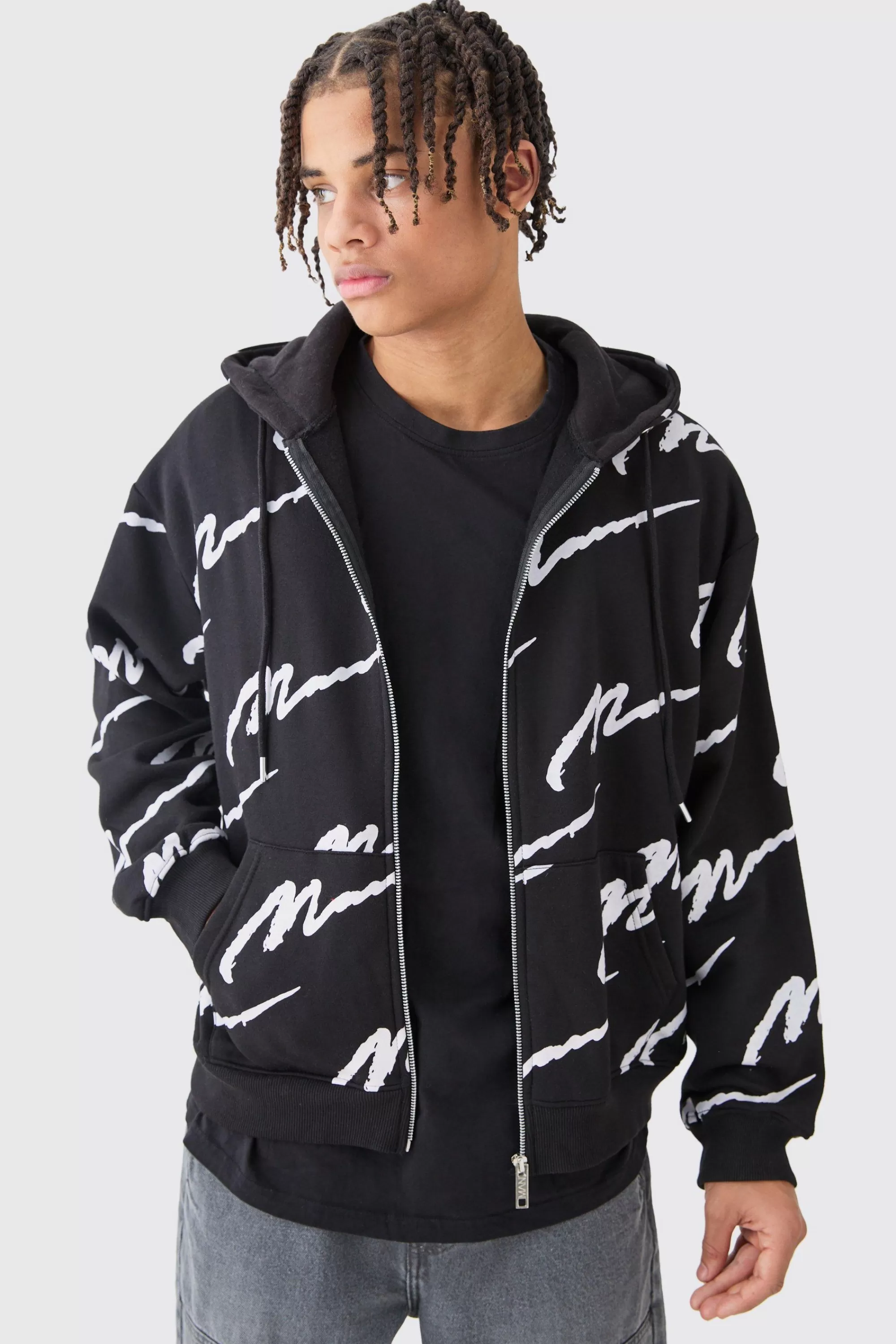 boohooMAN Man Signature All Over Print Boxy Zip Through Hoodie | UK
