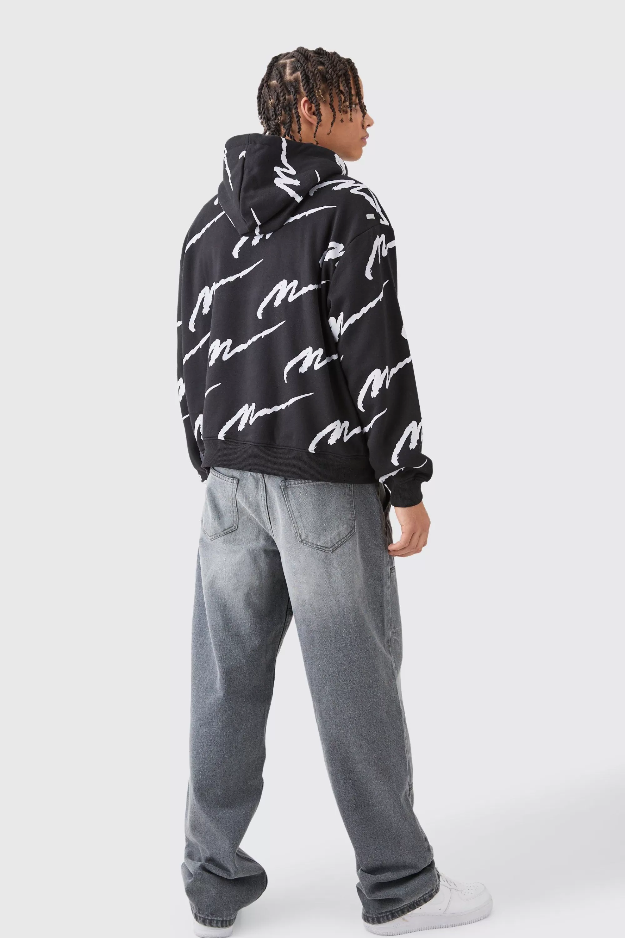 boohooMAN Man Signature All Over Print Boxy Zip Through Hoodie | UK