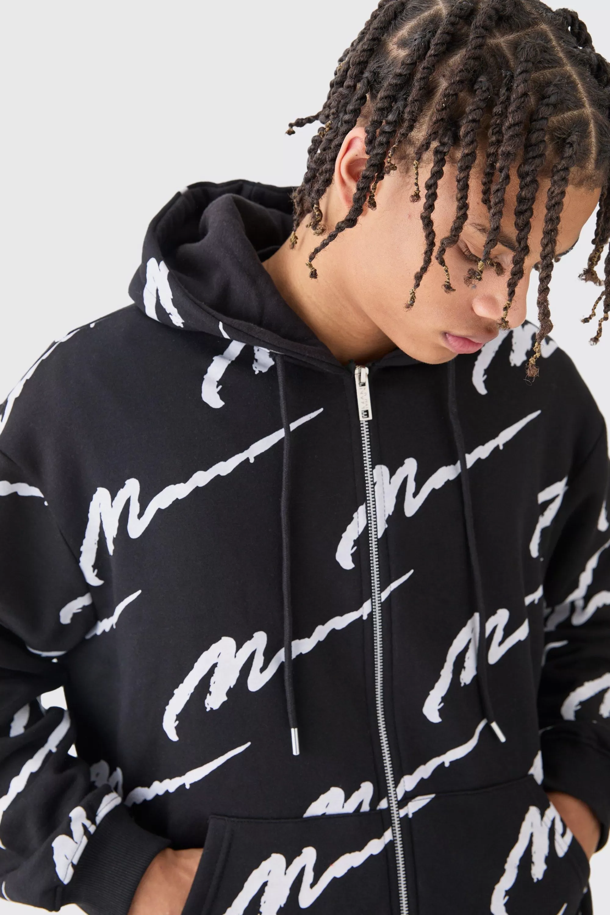boohooMAN Man Signature All Over Print Boxy Zip Through Hoodie | UK