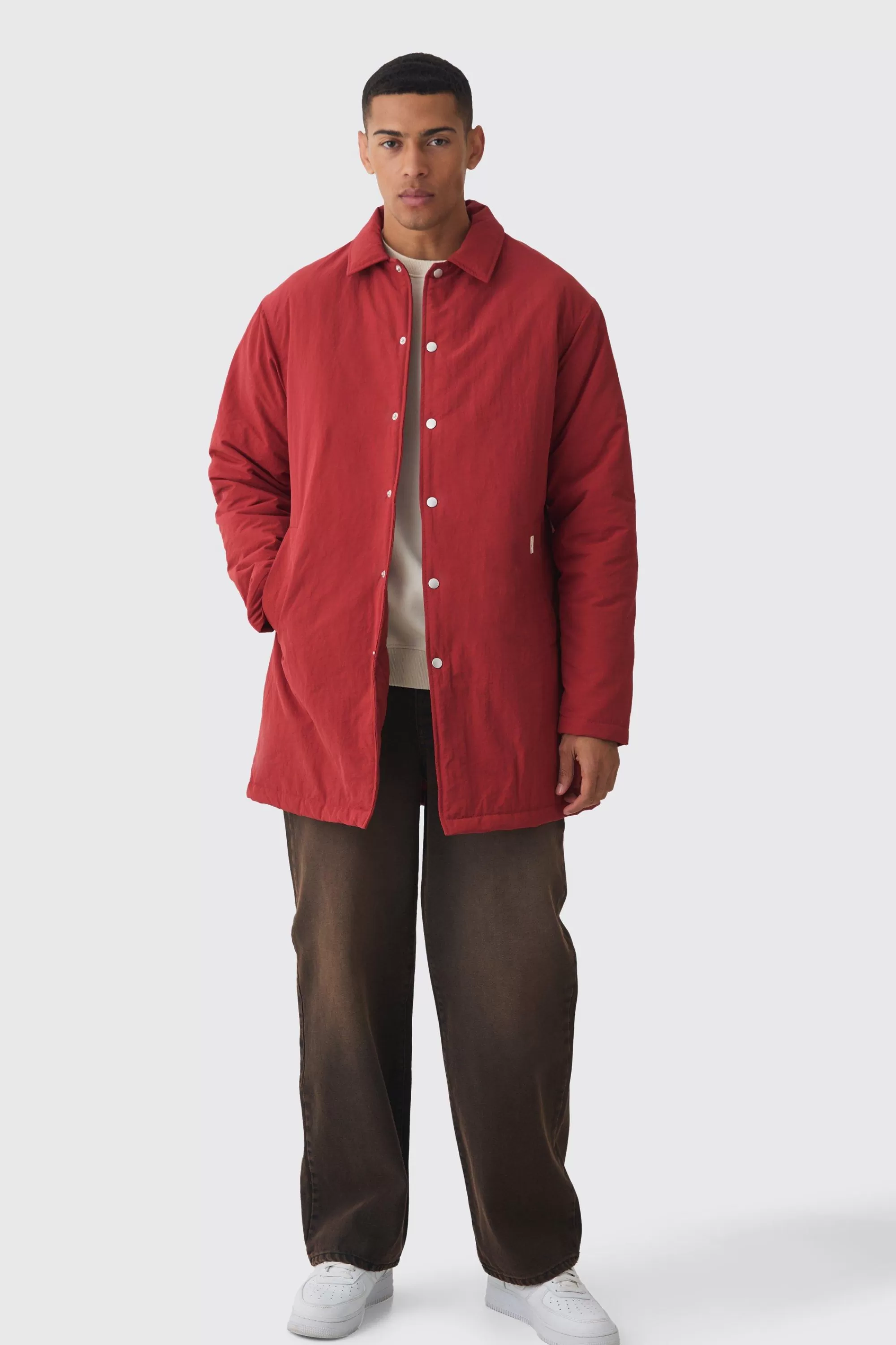 boohooMAN Man Tab Crinkle Longline Mac In | UK