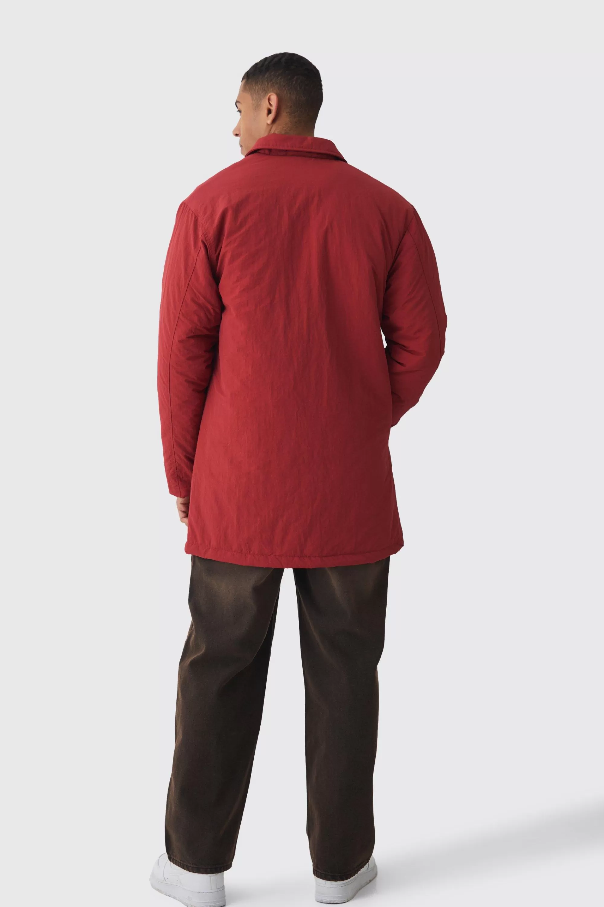 boohooMAN Man Tab Crinkle Longline Mac In | UK