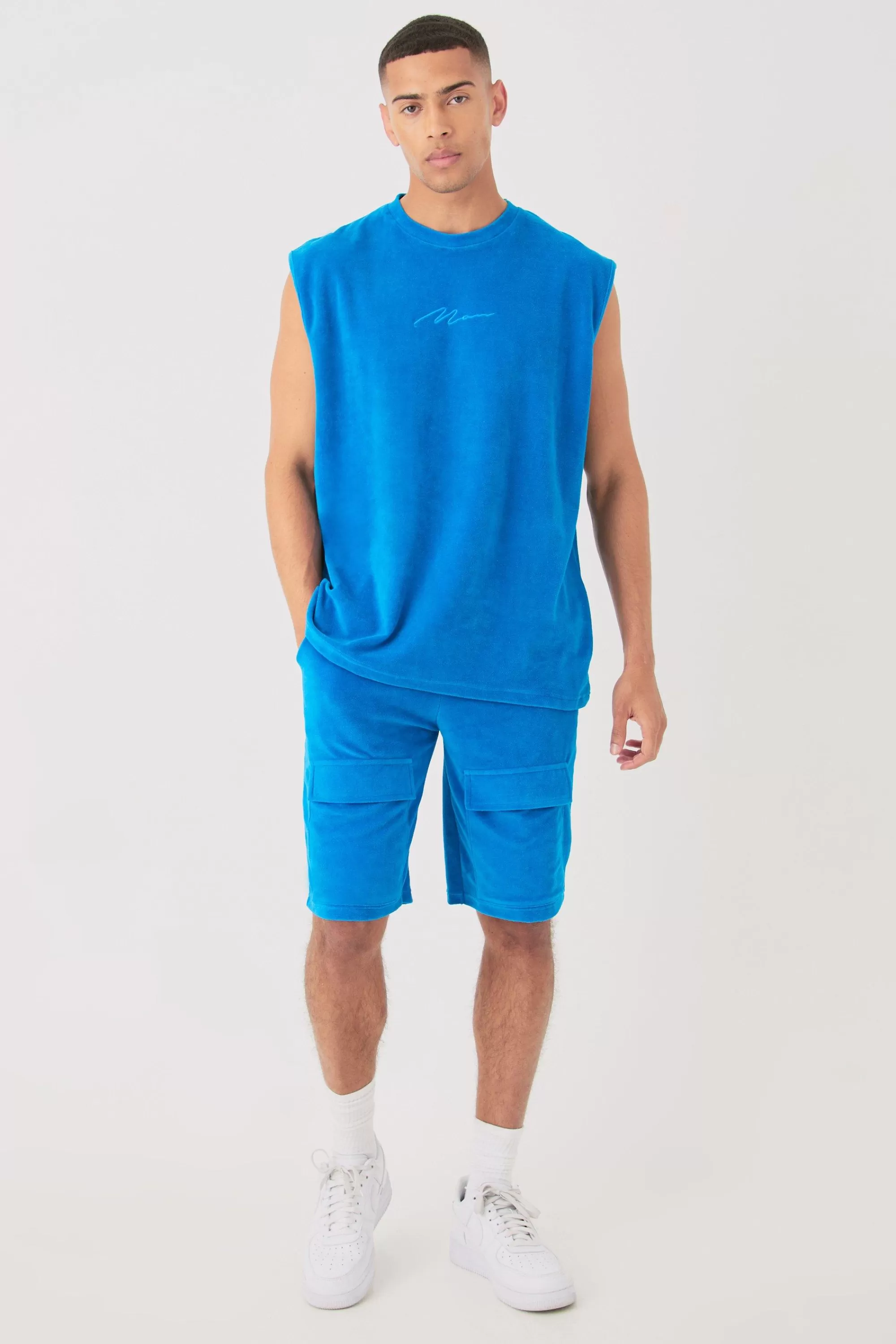boohooMAN Man Velour Oversized Tank & Pocket Shorts Set | UK
