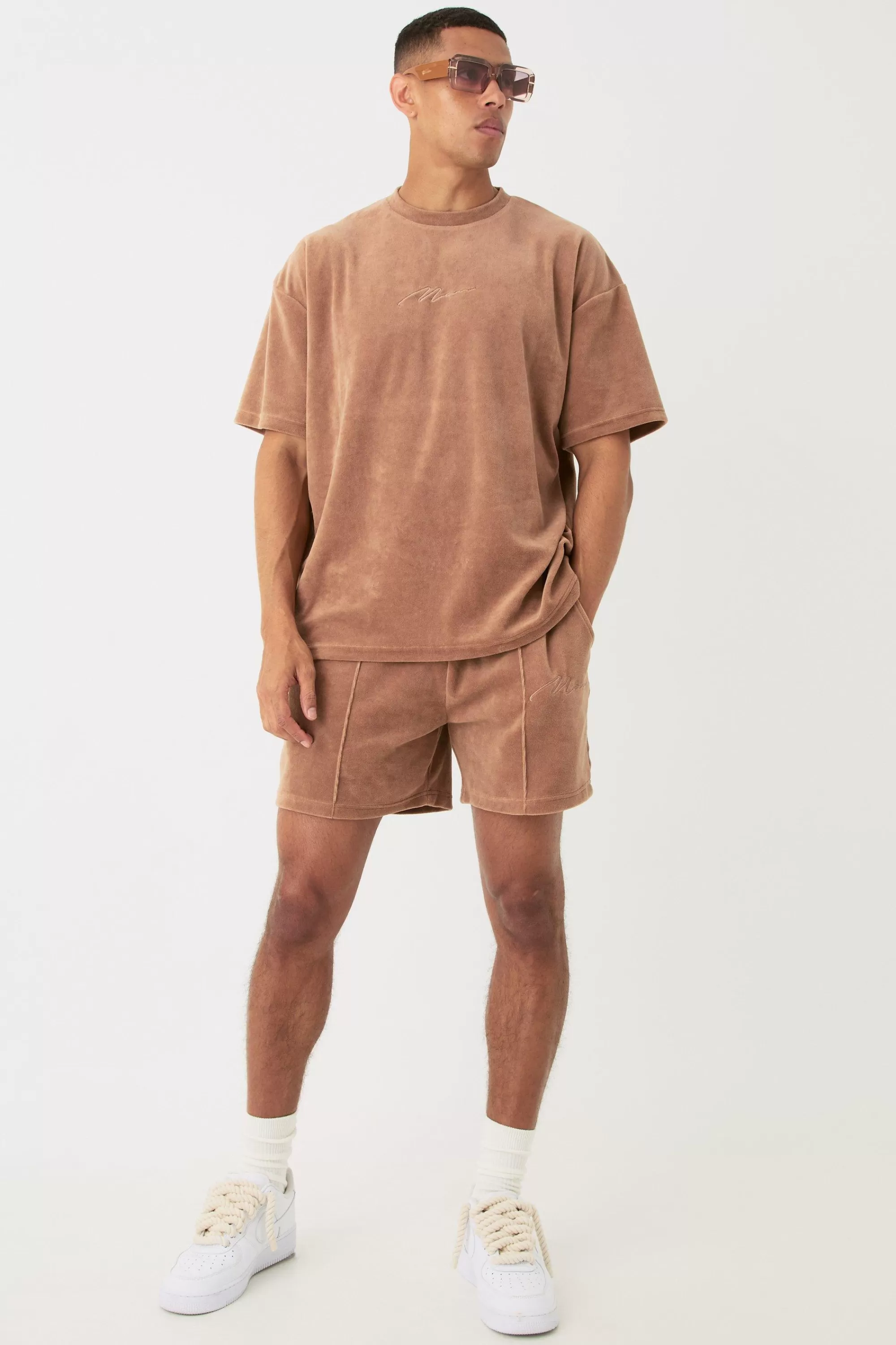 boohooMAN Man Velour Oversized T-shirt & Pintuck Shorts Set | UK