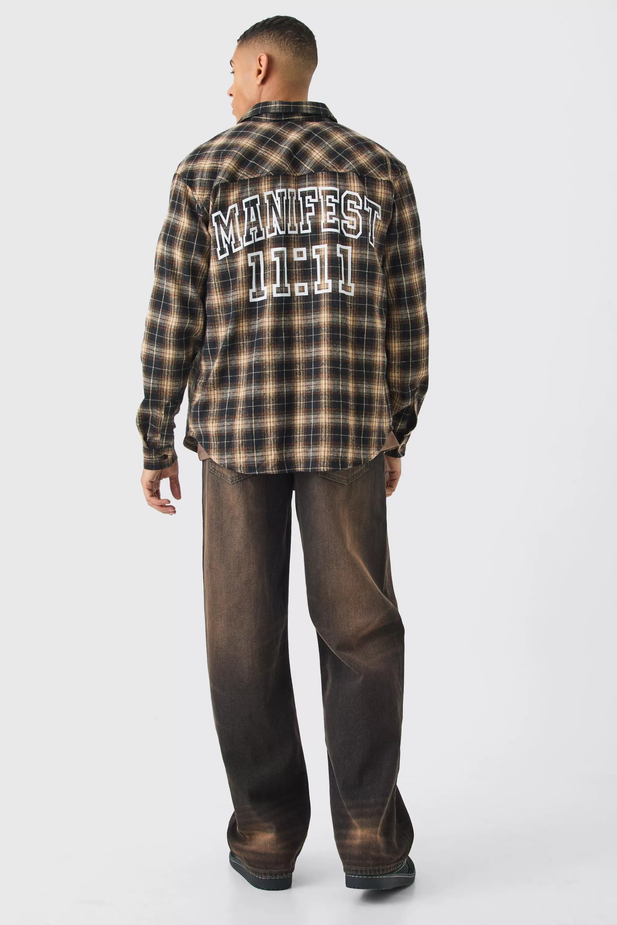 boohooMAN Manifest Back Print Check Shirt | UK