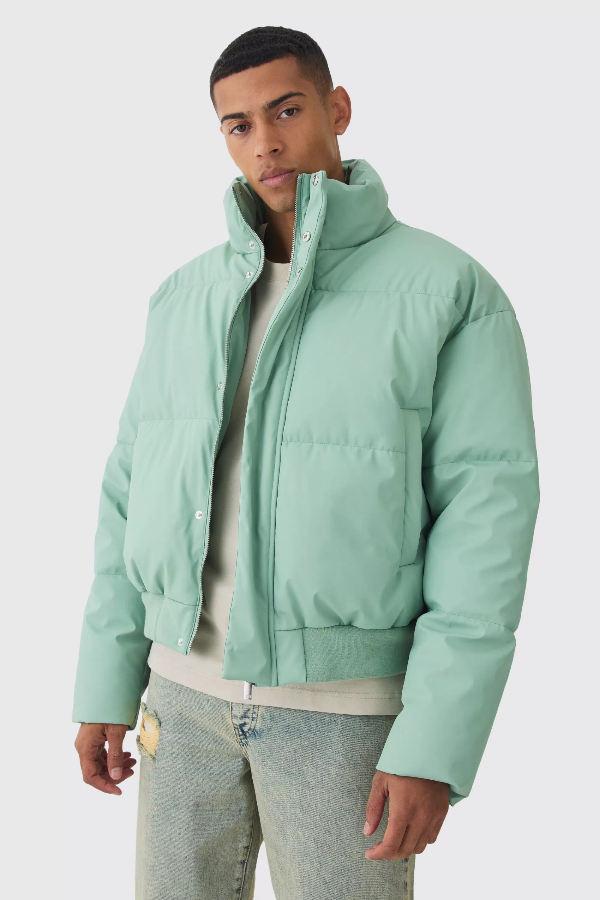 boohooMAN Matte PU Funnel Neck Puffer In | UK