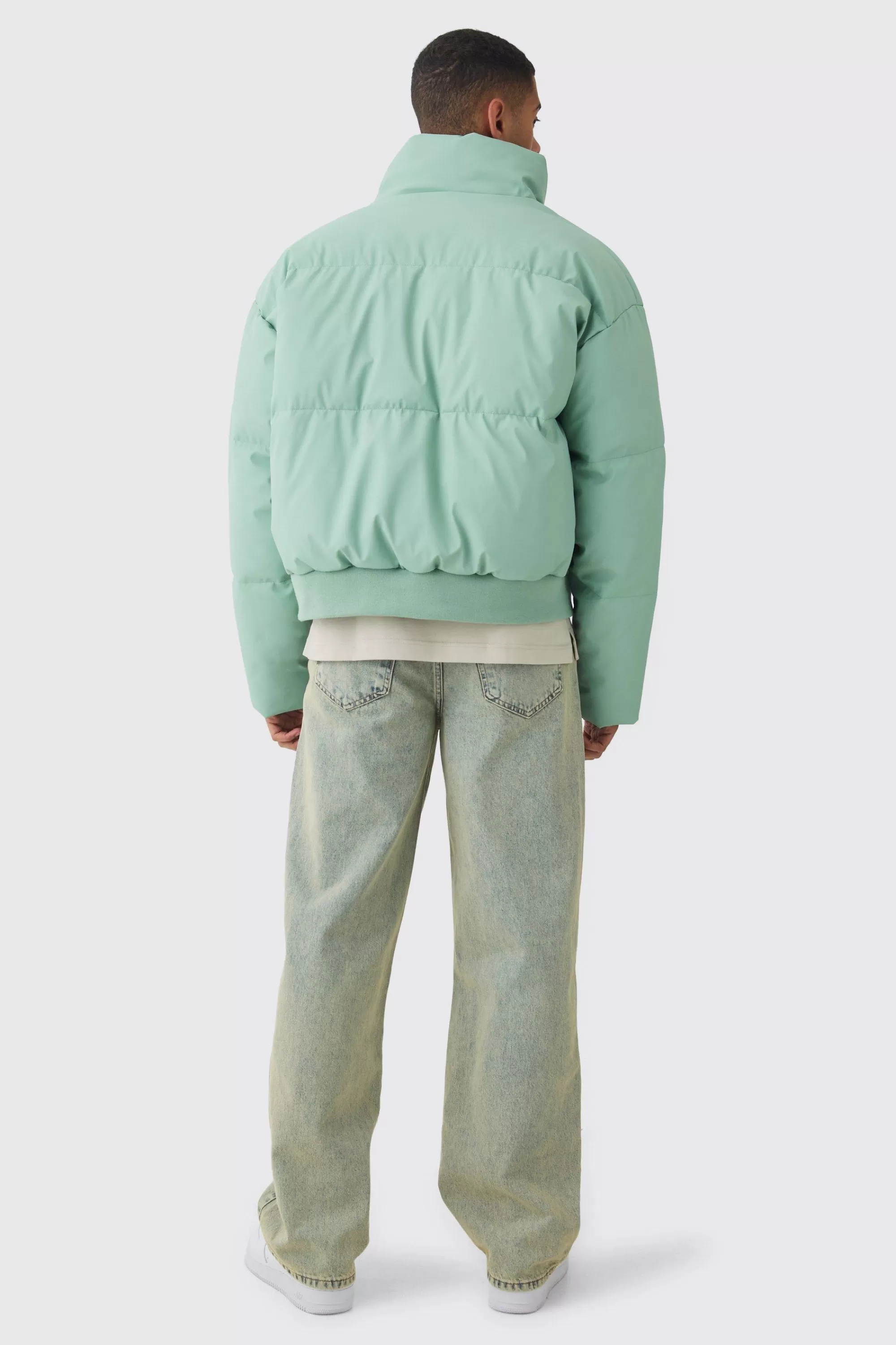 boohooMAN Matte PU Funnel Neck Puffer In | UK