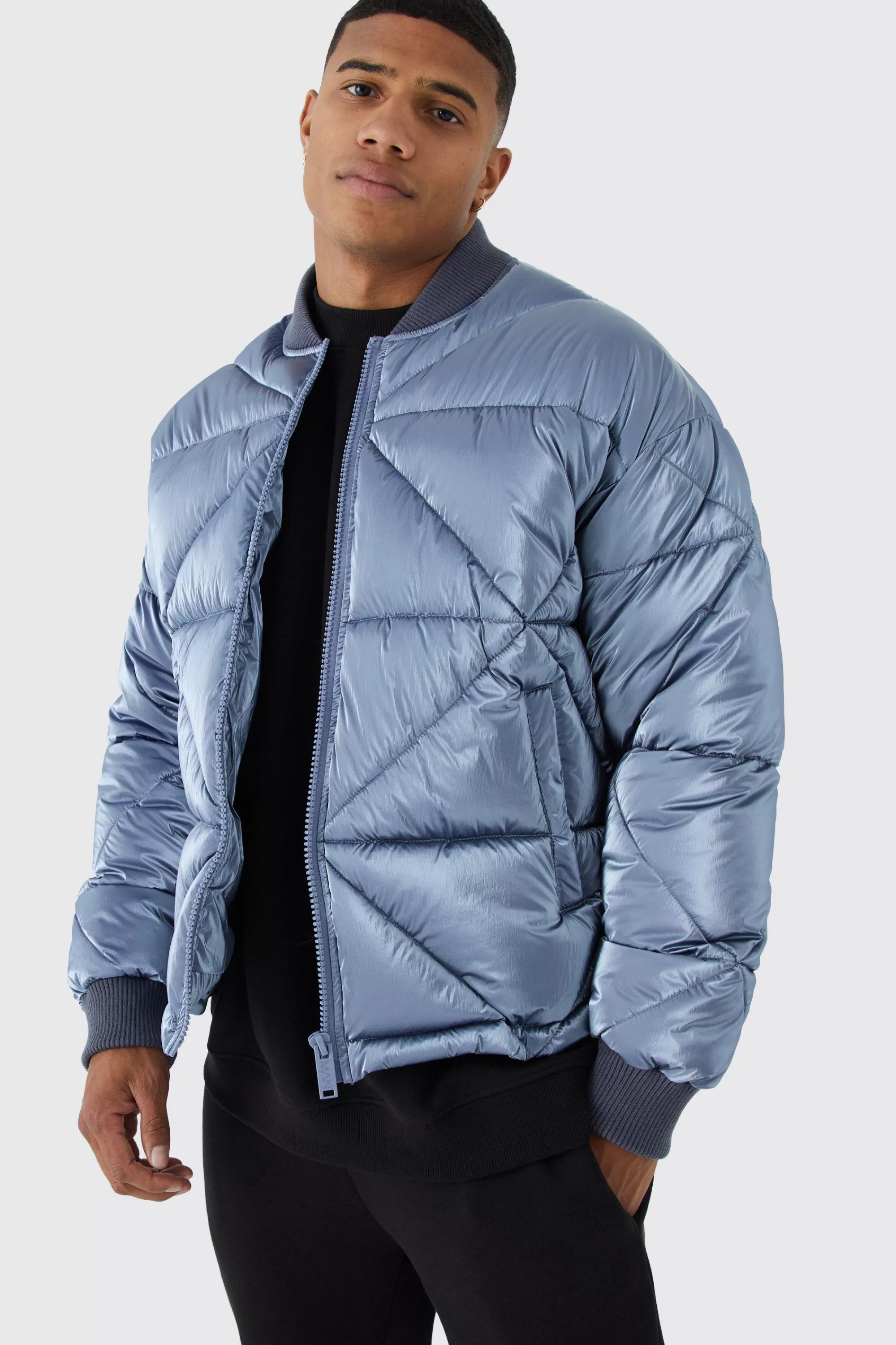 boohooMAN Metallic Quilted Puffer Bomber | UK