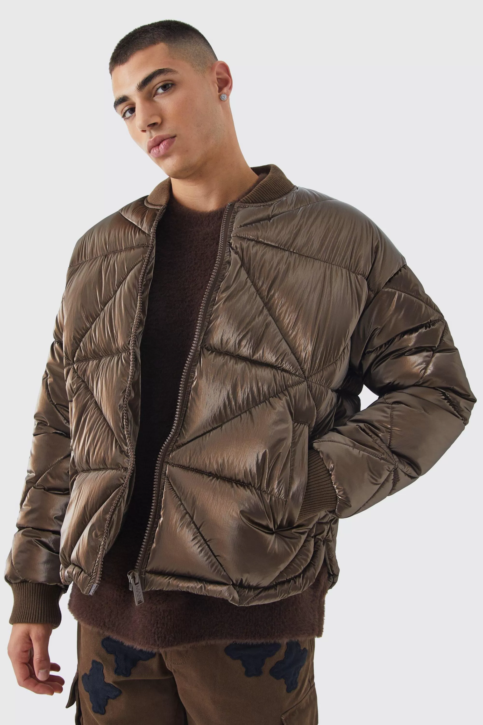 boohooMAN Metallic Quilted Puffer Bomber | UK