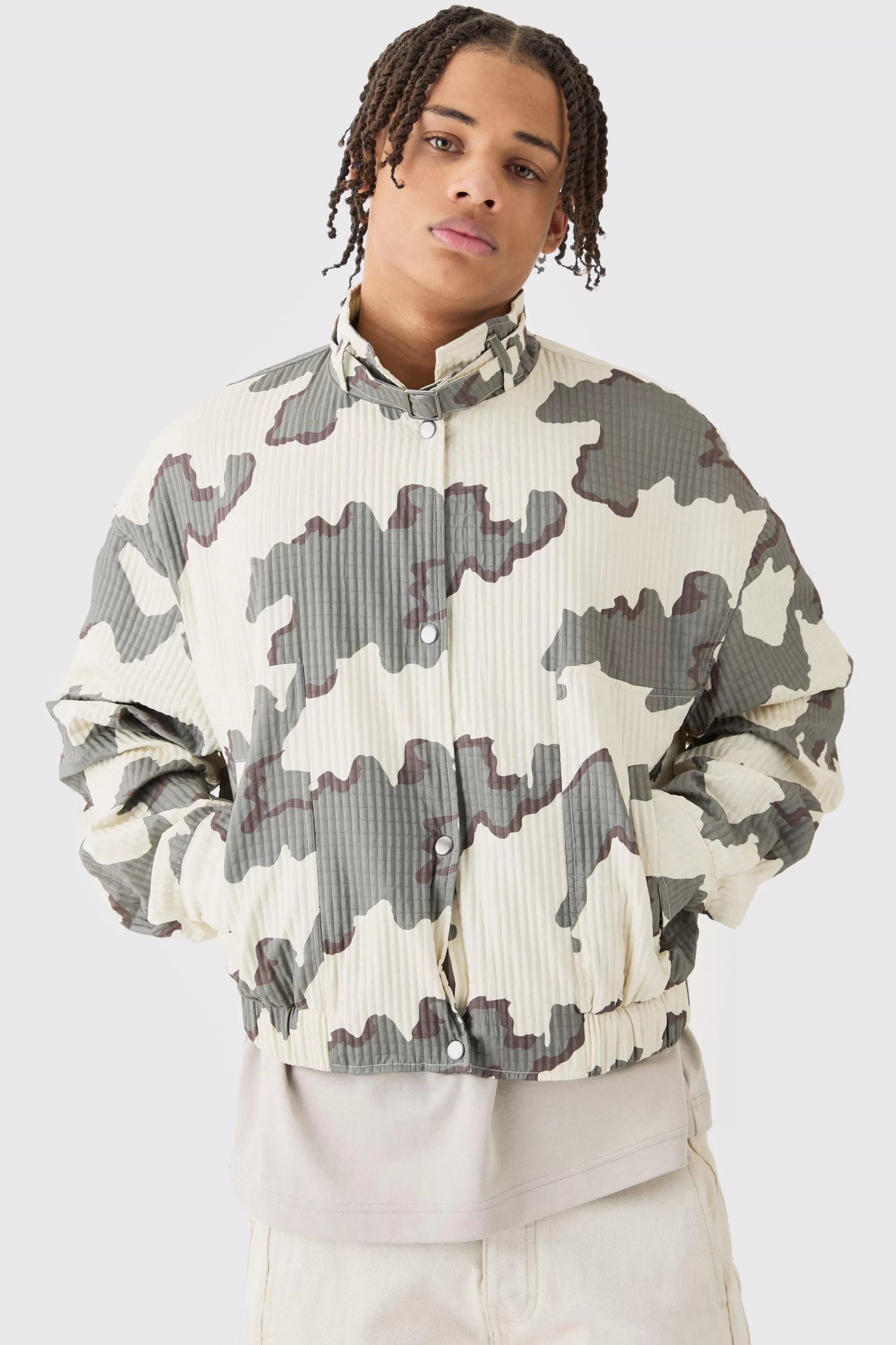 boohooMAN Micro Quilted Camo Strap Detail Bomber | UK
