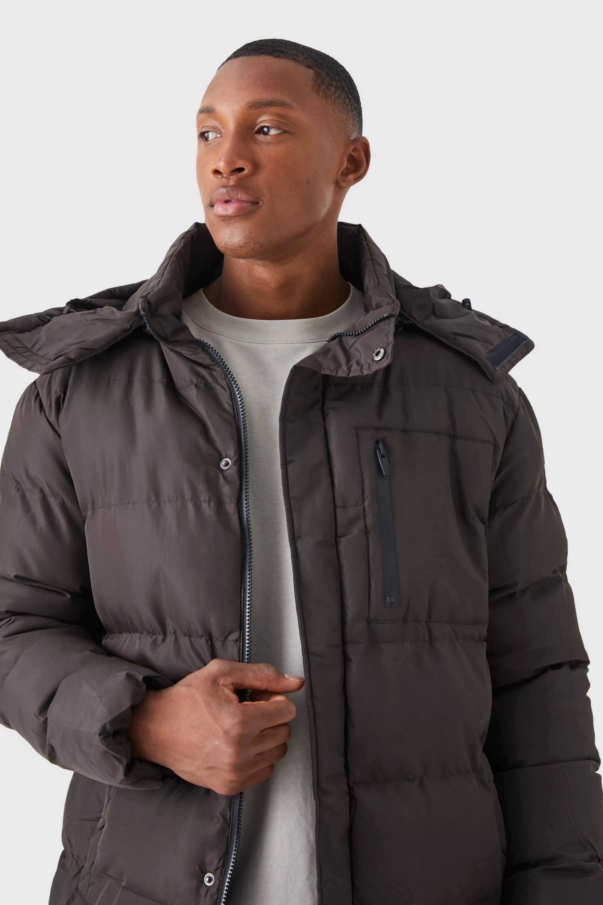 boohooMAN Mid Length Puffer Parka With Hood | UK