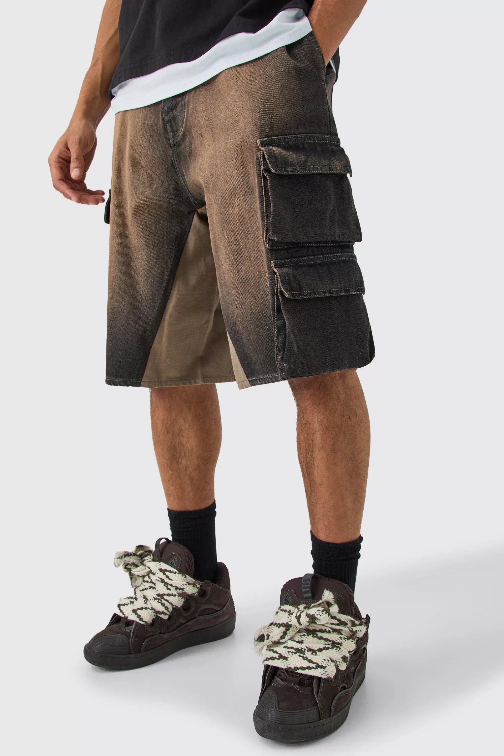 boohooMAN Multi Cargo Pocket Gusset Detail Denim Parachute Shorts | UK