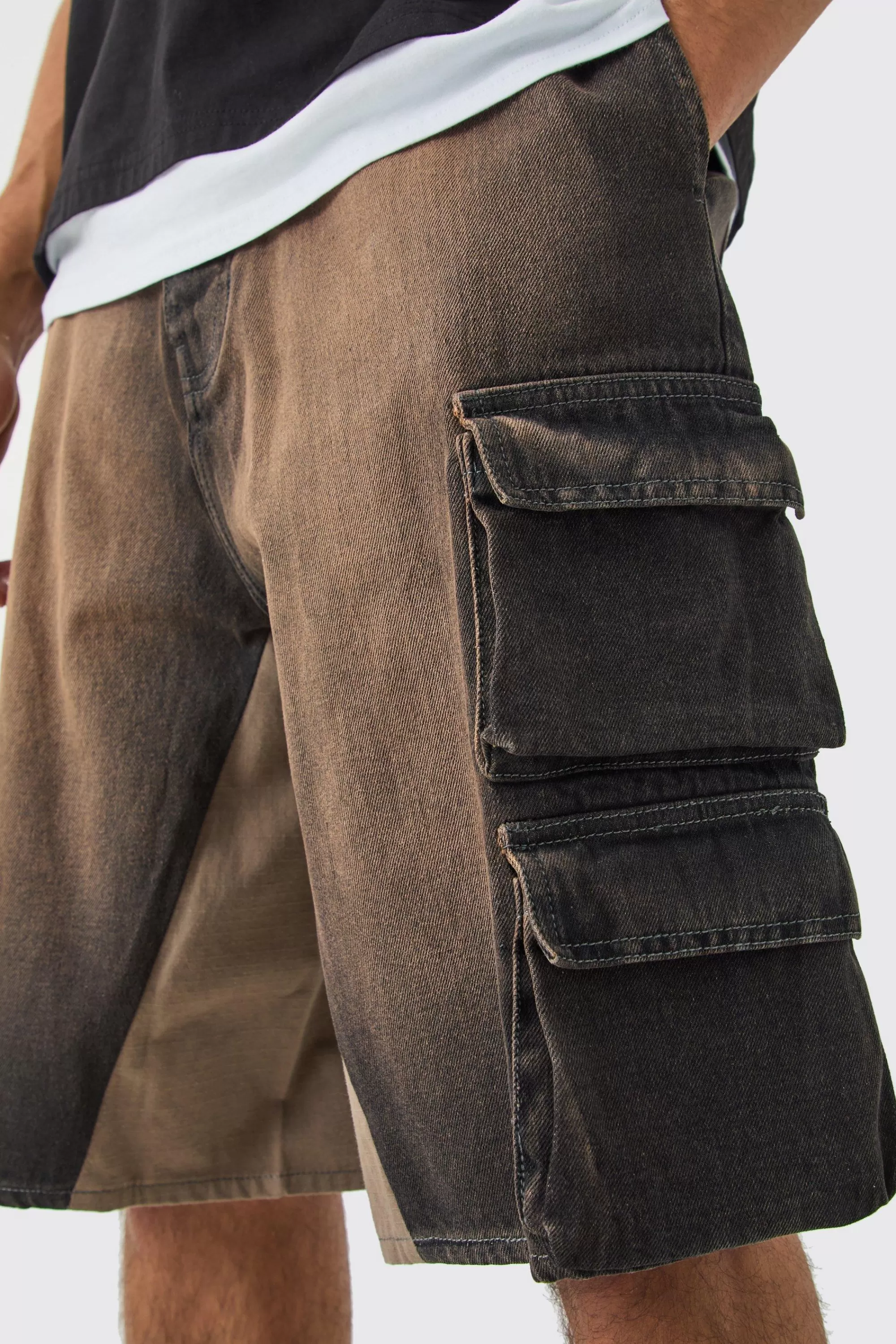 boohooMAN Multi Cargo Pocket Gusset Detail Denim Parachute Shorts | UK