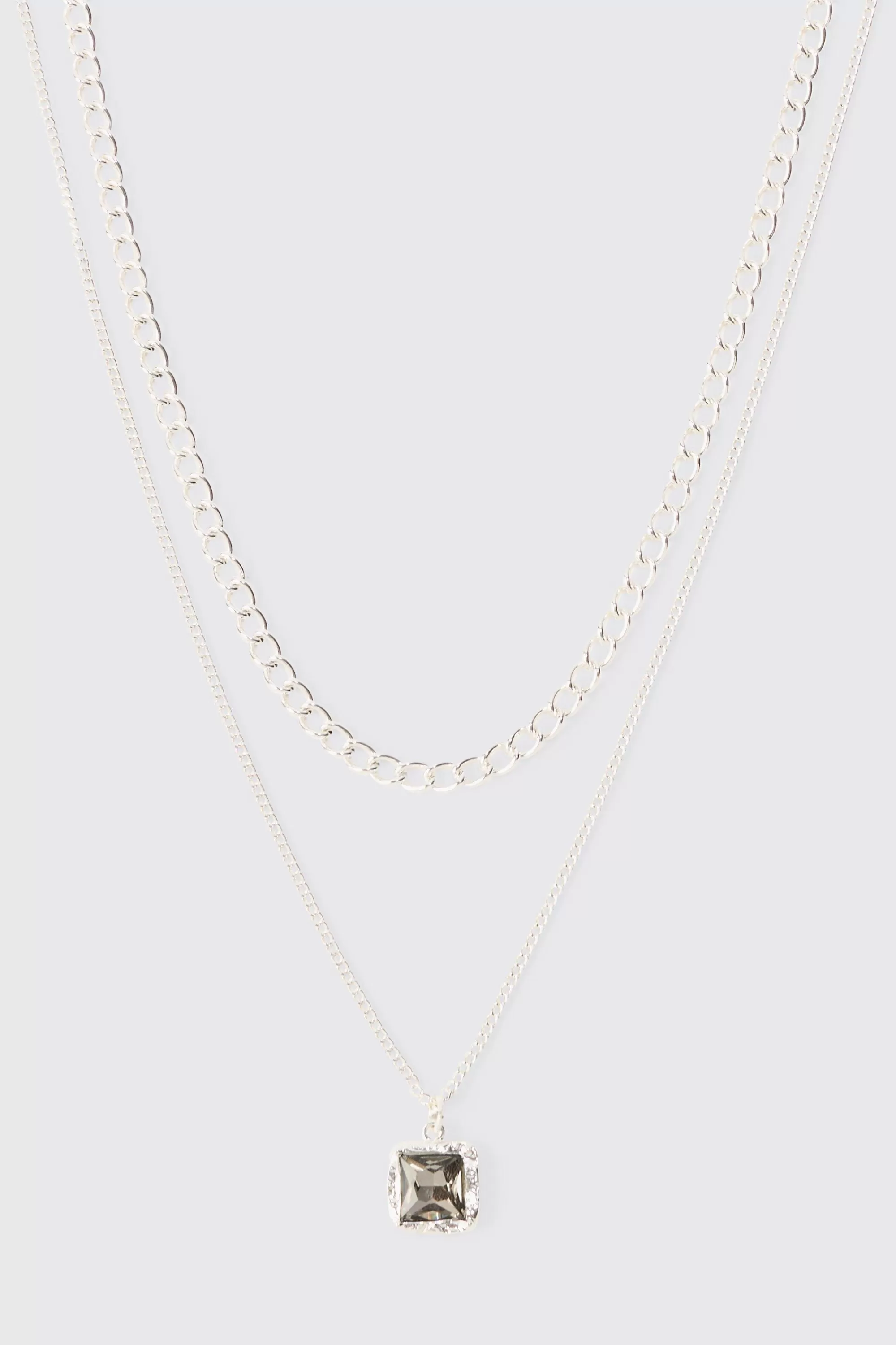 boohooMAN Multi Layer Chain Necklace With Blue Gem Stone Pendant | UK