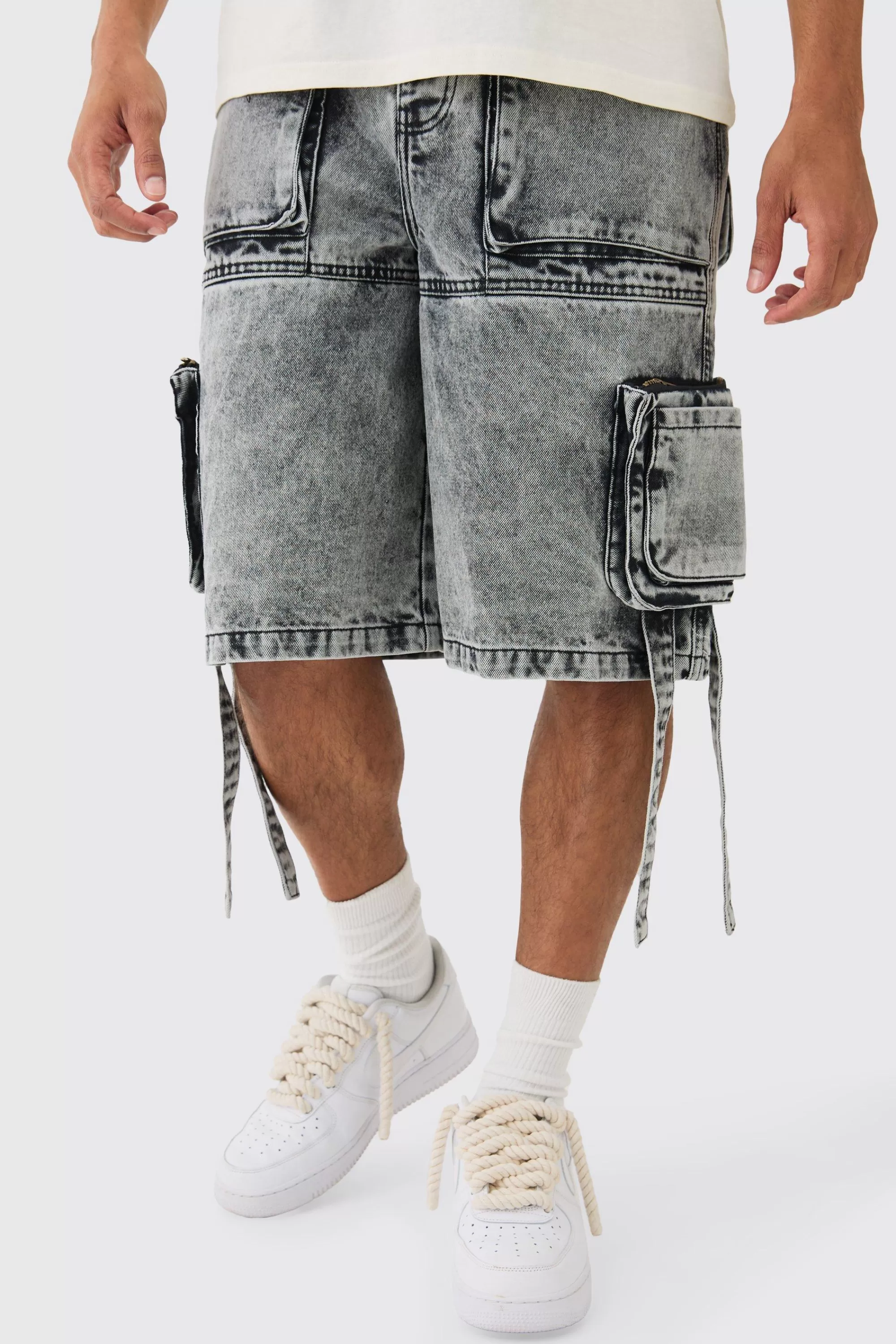 boohooMAN Multi Pocket Cargo Strap Denim Jorts In | UK