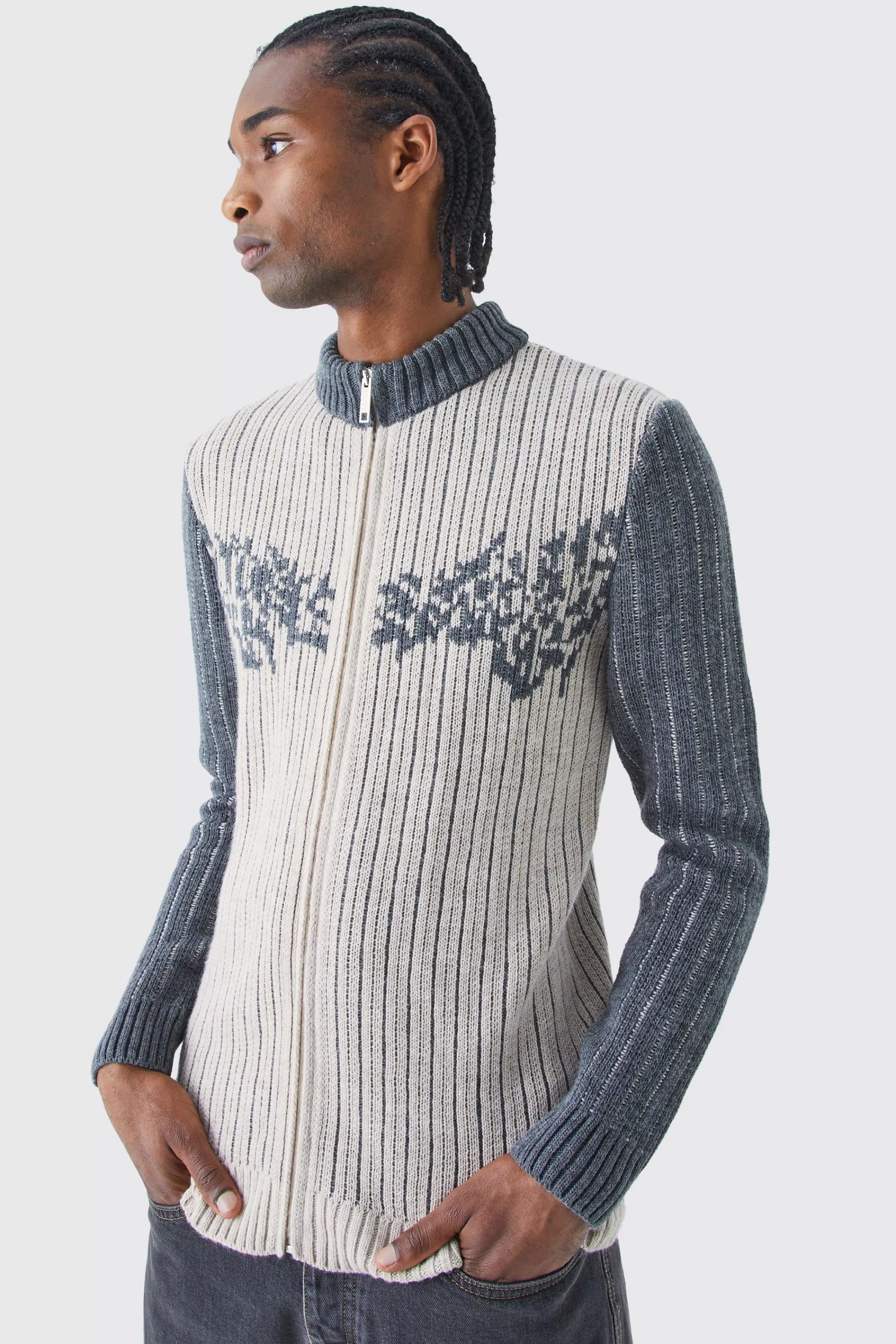 boohooMAN Muscle Fit 2 Tone Rib Extended Neck Jumper | UK