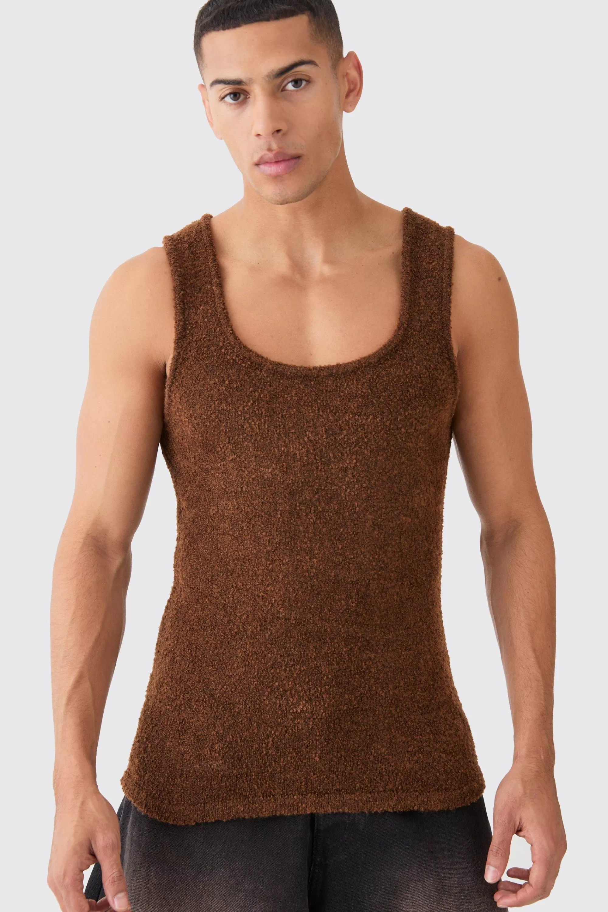 boohooMAN Muscle Fit Boucle Textured Knitted Vest | UK