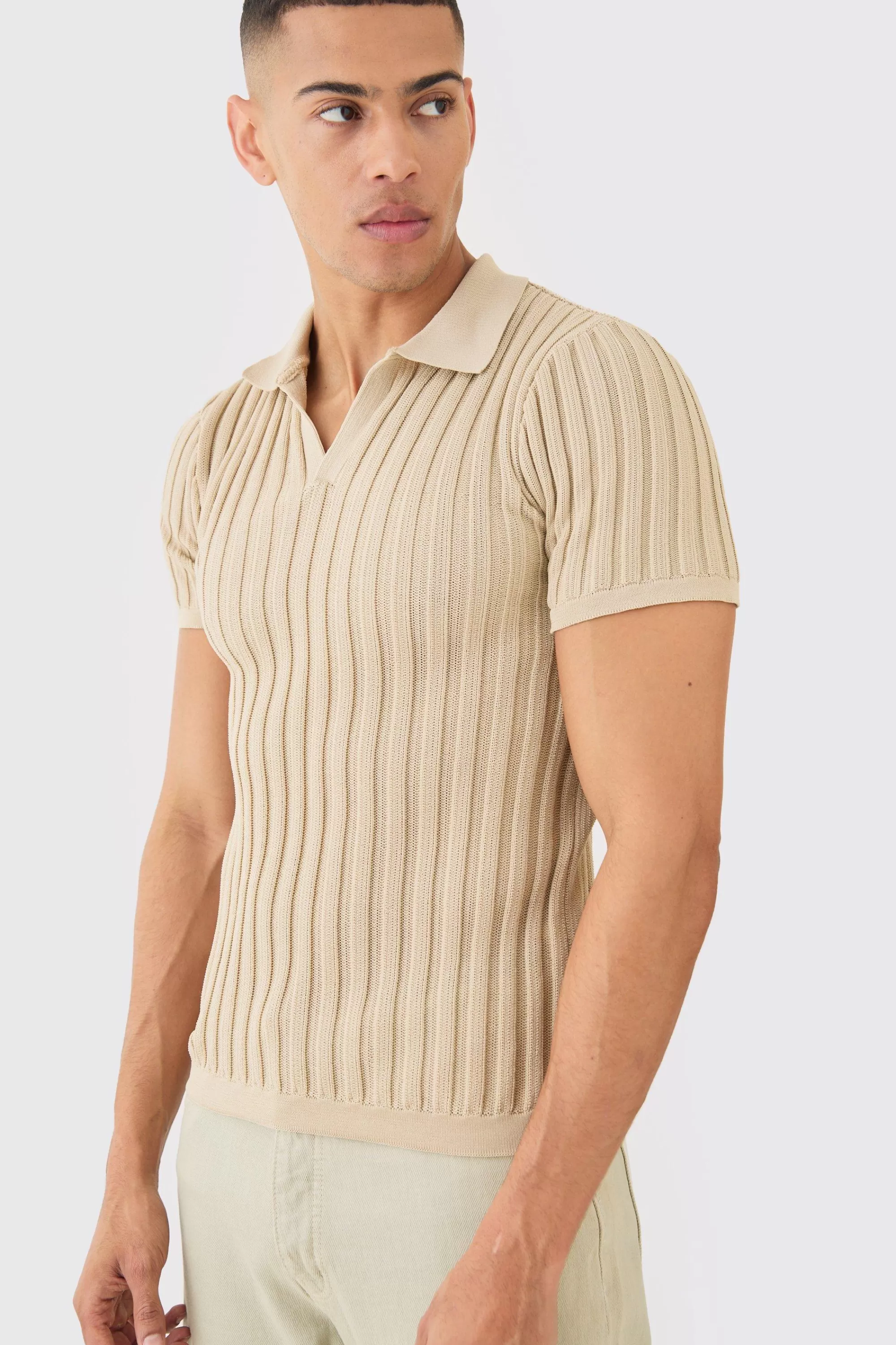 boohooMAN Muscle Fit Revere Ribbed Knit Polo | UK