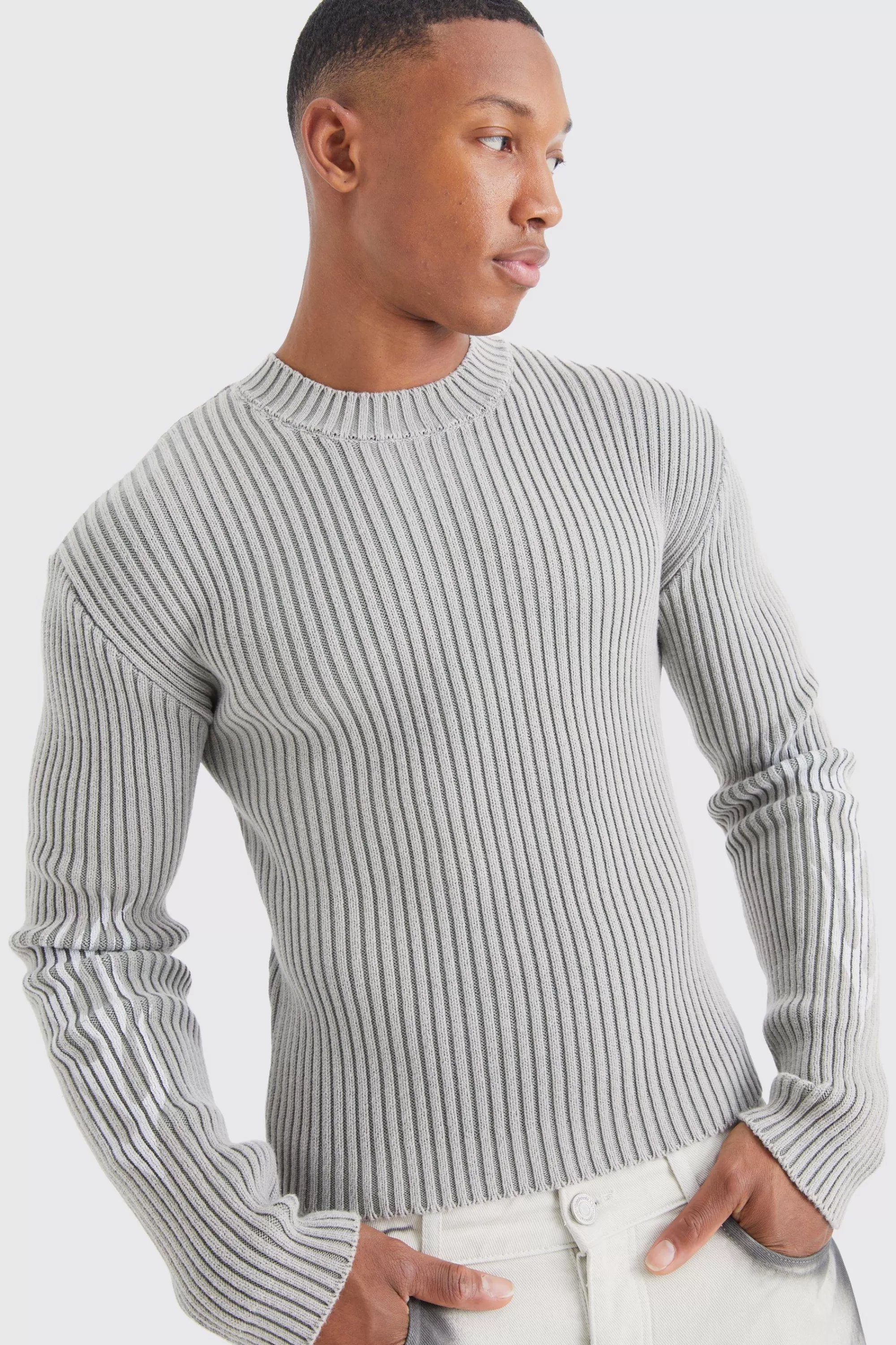 boohooMAN Muscle Fit Ribbed Acid Wash Knit Jumper | UK