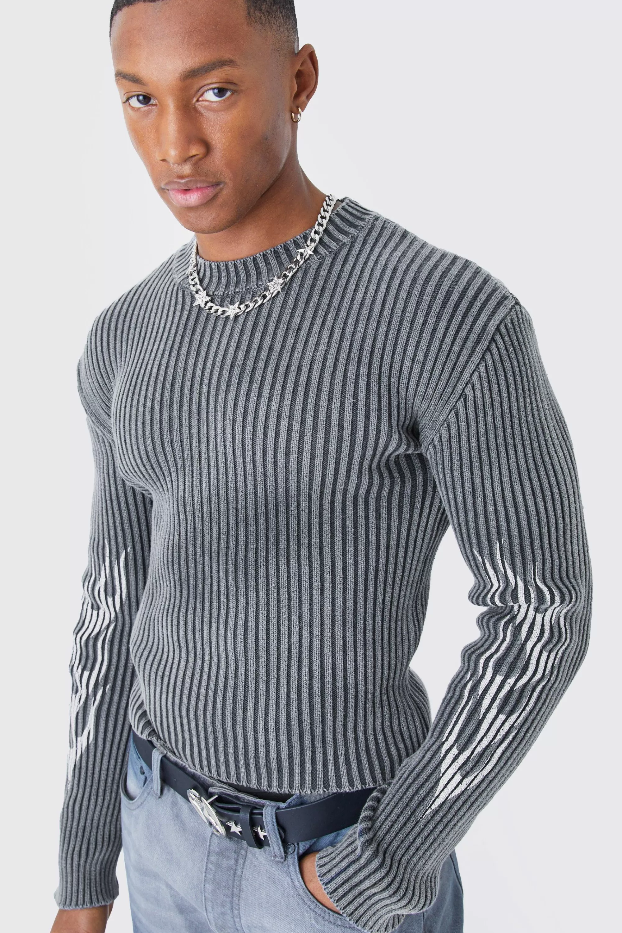 boohooMAN Muscle Fit Ribbed Acid Wash Knit Jumper | UK